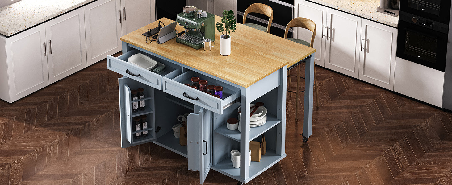 K&K 47 inch Kitchen Island with Extendable Dining Table, Rubber Wood Veneer Kitchen Table with Internal Storage Rack, Power Outlet, Kitchen island with Storage 2 Drawers 2 Cabinet,Grey Blue
