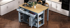 K&K 47 inch Kitchen Island with Extendable Dining Table, Rubber Wood Veneer Kitchen Table with Internal Storage Rack, Power Outlet, Kitchen island with Storage 2 Drawers 2 Cabinet,Grey Blue