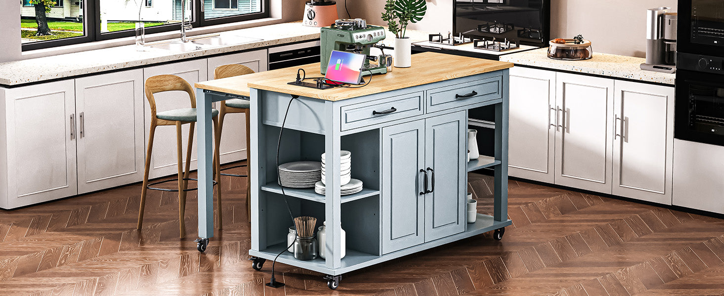 K&K 47 inch Kitchen Island with Extendable Dining Table, Rubber Wood Veneer Kitchen Table with Internal Storage Rack, Power Outlet, Kitchen island with Storage 2 Drawers 2 Cabinet,Grey Blue