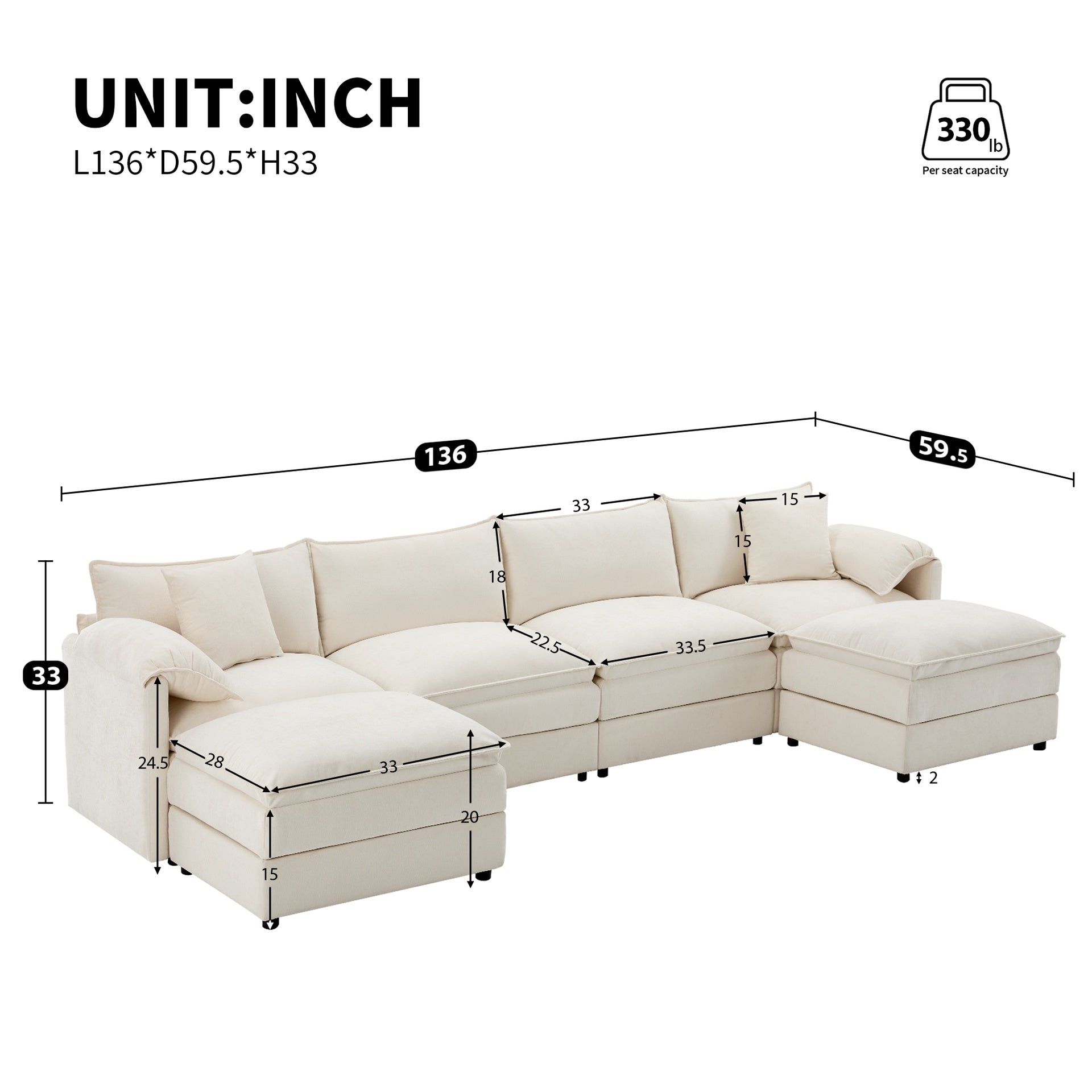 136" Chenille Modular Sectional Sofa with Deep and Wide Seat,U Shaped Cloud Couch Set with Double Cushions,6 Seat Sofa with Movable Ottoman,Oversized Indoor Furniture for Living Room&Apartment