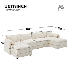136" Chenille Modular Sectional Sofa with Deep and Wide Seat,U Shaped Cloud Couch Set with Double Cushions,6 Seat Sofa with Movable Ottoman,Oversized Indoor Furniture for Living Room&Apartment