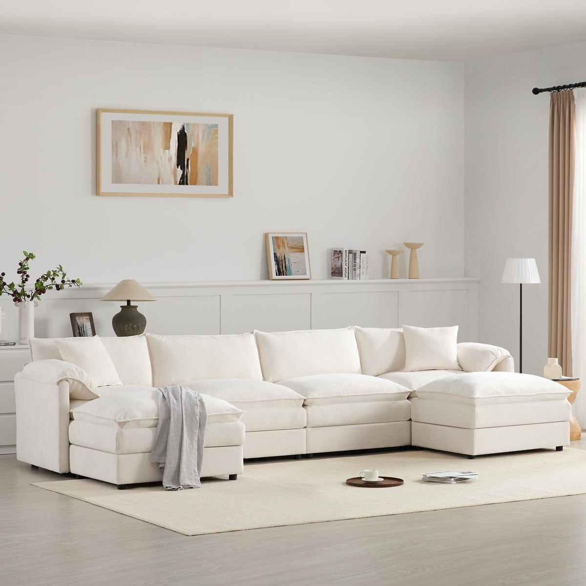 136" Chenille Modular Sectional Sofa with Deep and Wide Seat,U Shaped Cloud Couch Set with Double Cushions,6 Seat Sofa with Movable Ottoman,Oversized Indoor Furniture for Living Room&Apartment