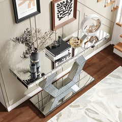 Sparkling Crystal Hexagon Mirror Entryway - Premium Modern Foyer Console Table with Diamond Glass Effects, Dual-Tier Luxury Sofa Table (55"L x14.17"W * 31.5''H)