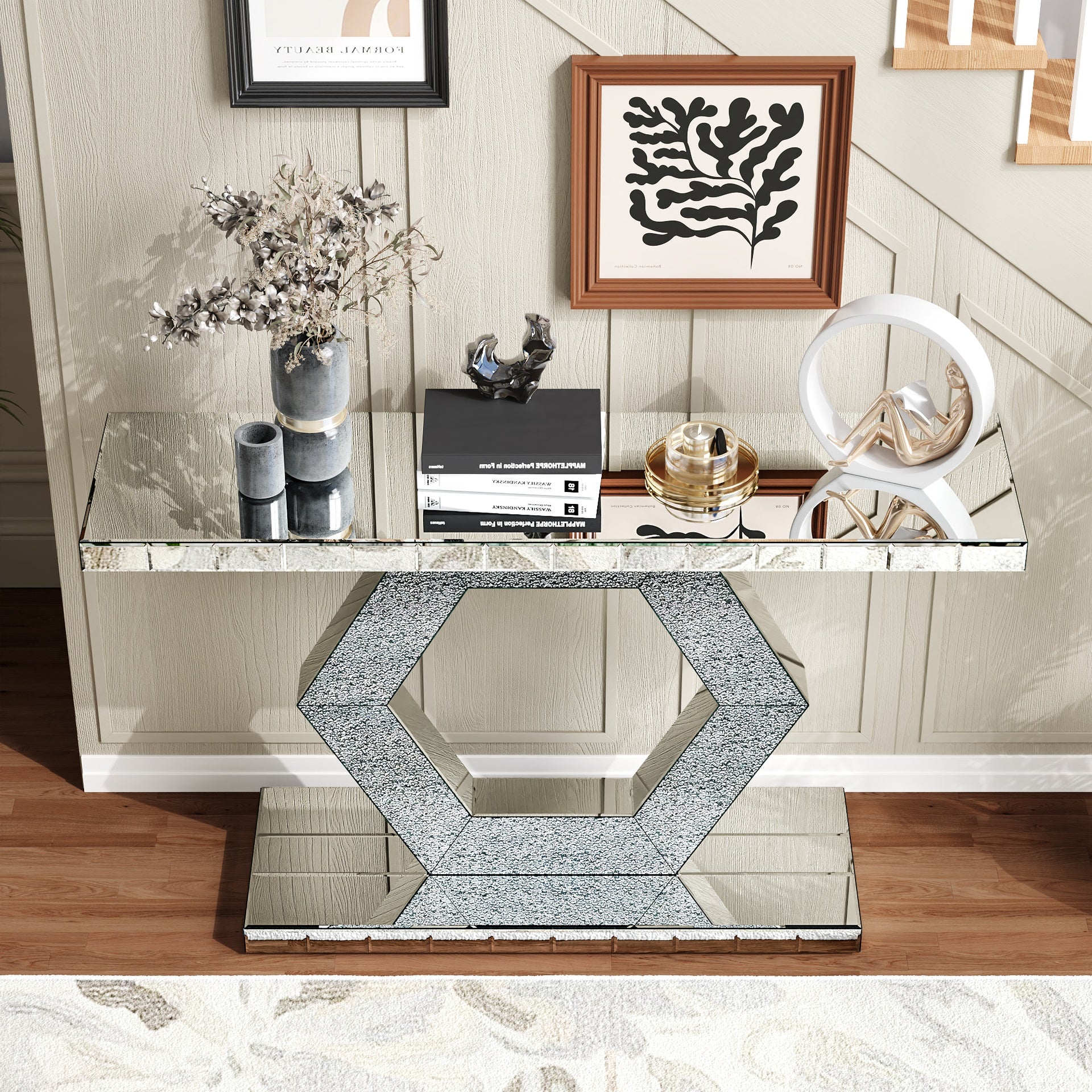Sparkling Crystal Hexagon Mirror Entryway - Premium Modern Foyer Console Table with Diamond Glass Effects, Dual-Tier Luxury Sofa Table (55"L x14.17"W * 31.5''H)