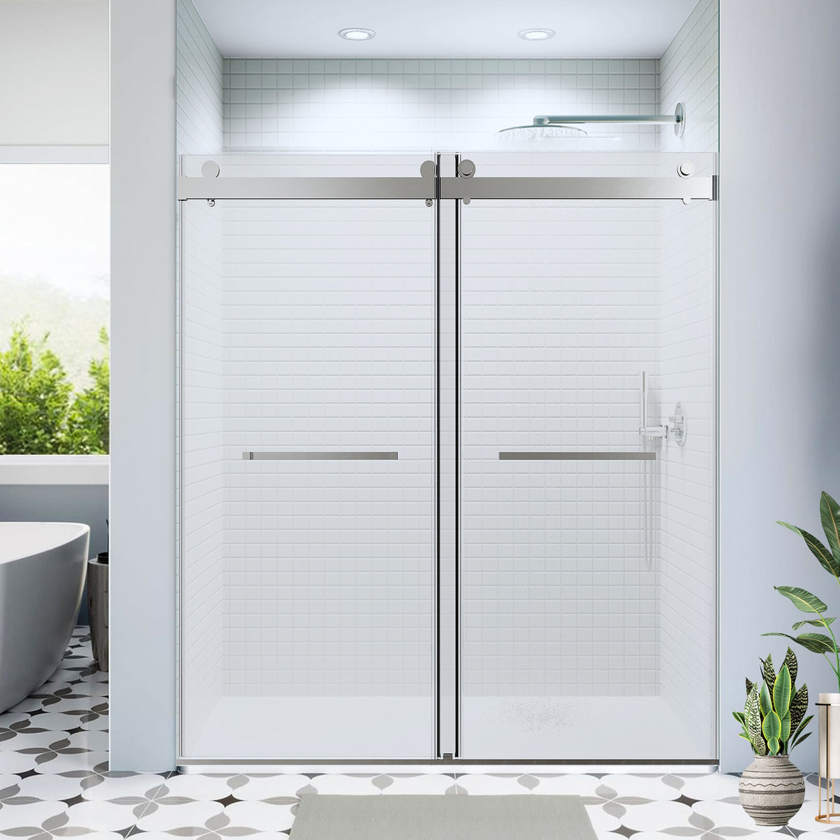 56-60*76 INCH Double Sliding Frameless Soft-Close Shower Door with Premium  (8mm)Thick Tampered Glass and Easy-Cleaning Coating In Brushed Nickel