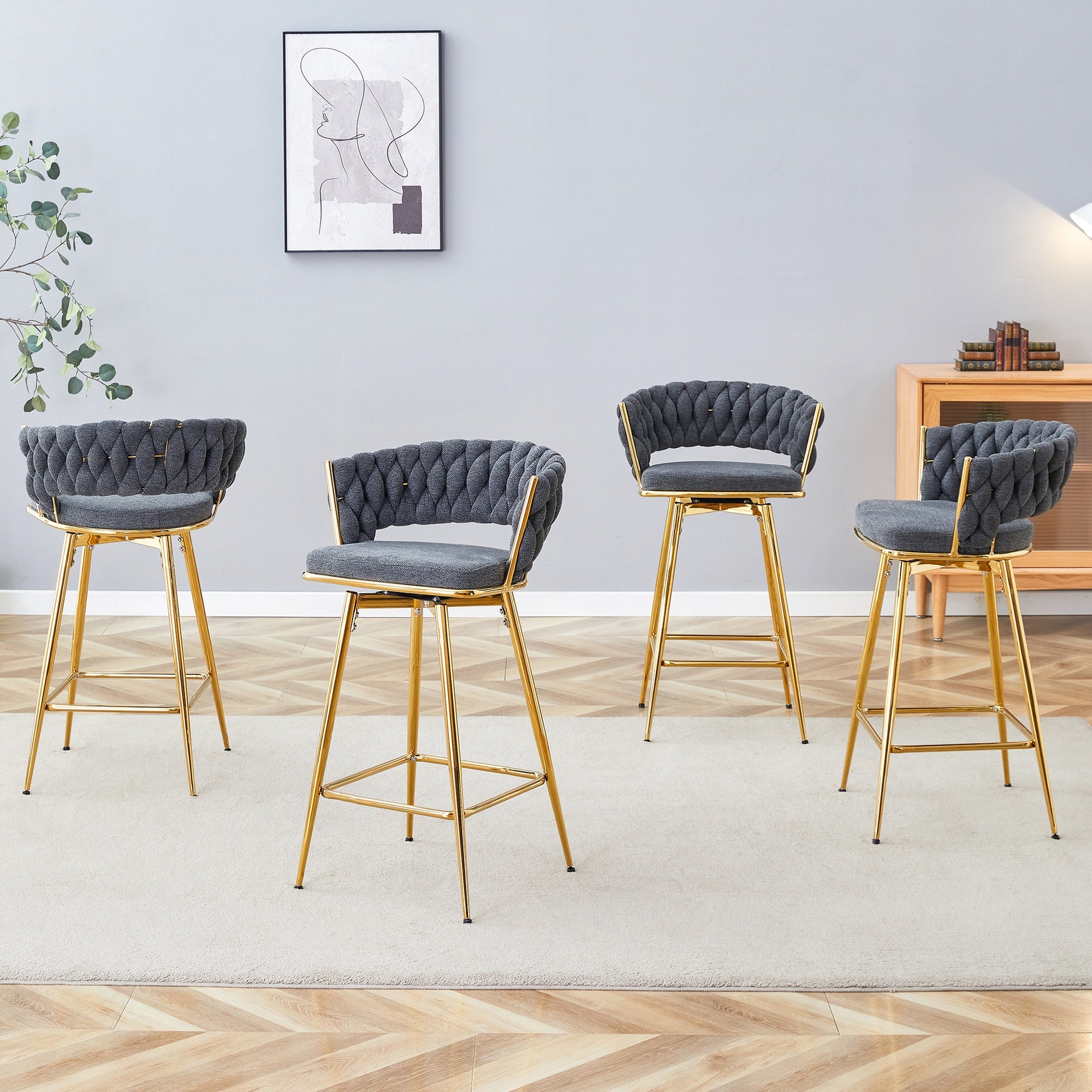 Four-piece rotating swivel chair, black cotton and linen soft seat surface, golden metal legs, rust-proof and wear-resistant, suitable for high tables in restaurants/bars