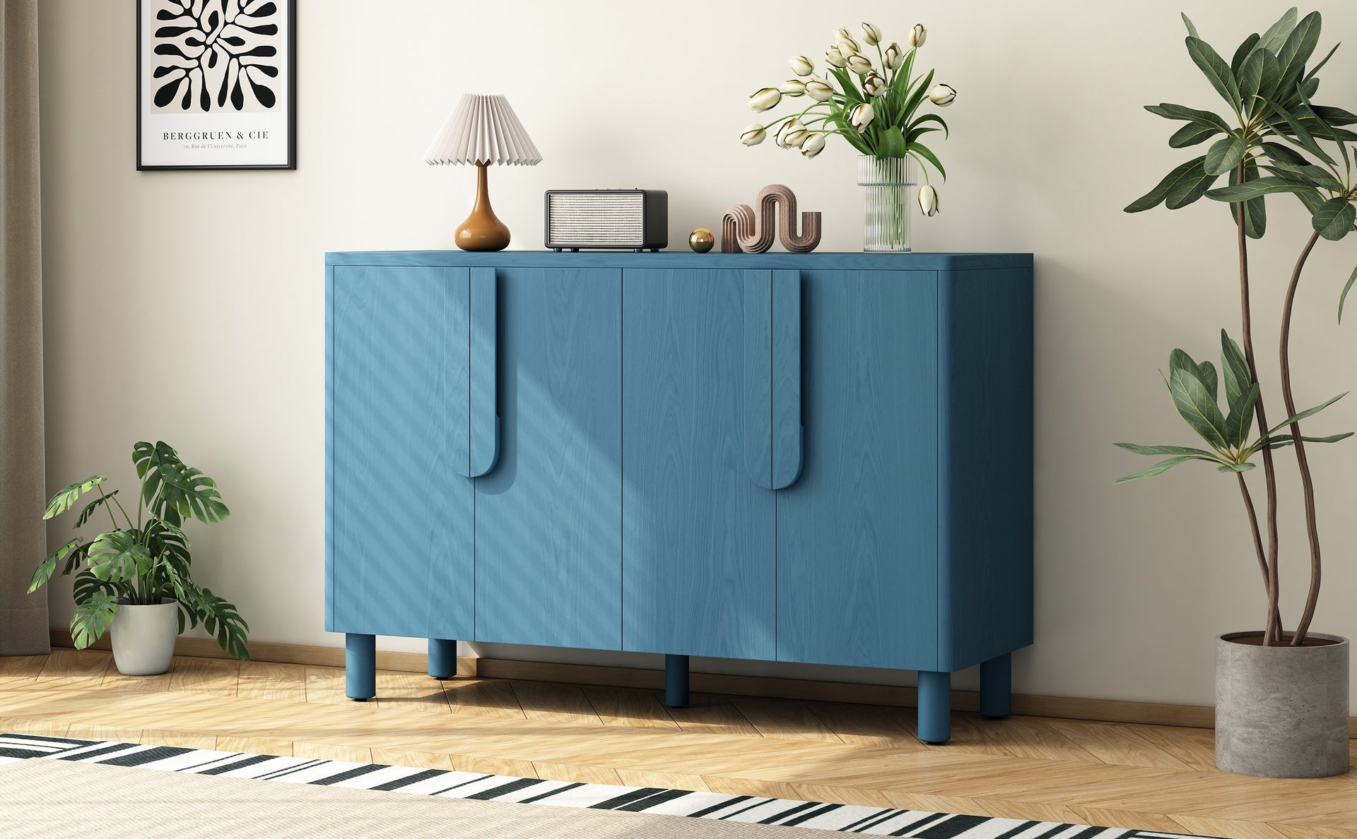 TREXM 4-Door Buffet Cabinet with Storage, Wood Sideboard Cabinet with Unique Arc Handles and Adjustable Shelves for Dining Room, Kitchen, and Living Room (Navy)