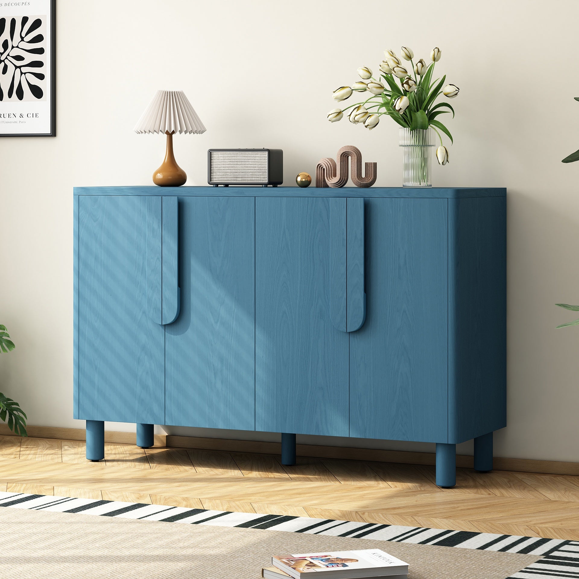 TREXM 4-Door Buffet Cabinet with Storage, Wood Sideboard Cabinet with Unique Arc Handles and Adjustable Shelves for Dining Room, Kitchen, and Living Room (Navy)