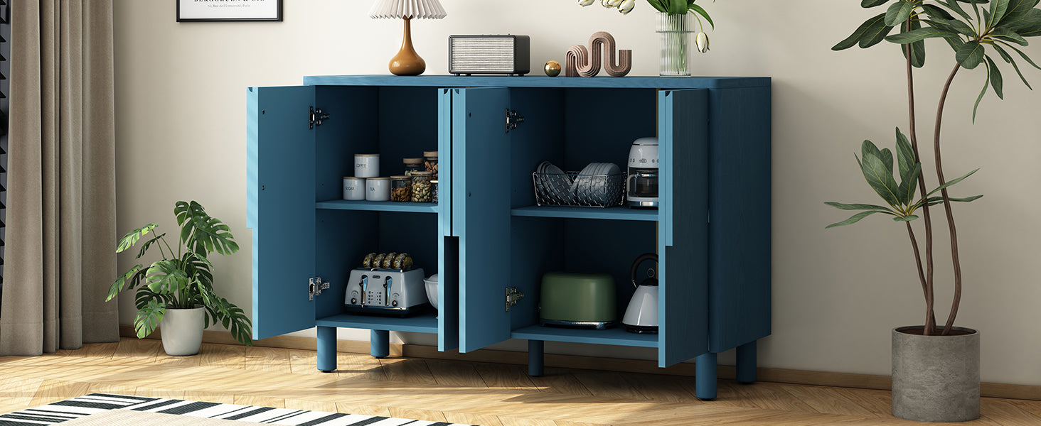 TREXM 4-Door Buffet Cabinet with Storage, Wood Sideboard Cabinet with Unique Arc Handles and Adjustable Shelves for Dining Room, Kitchen, and Living Room (Navy)