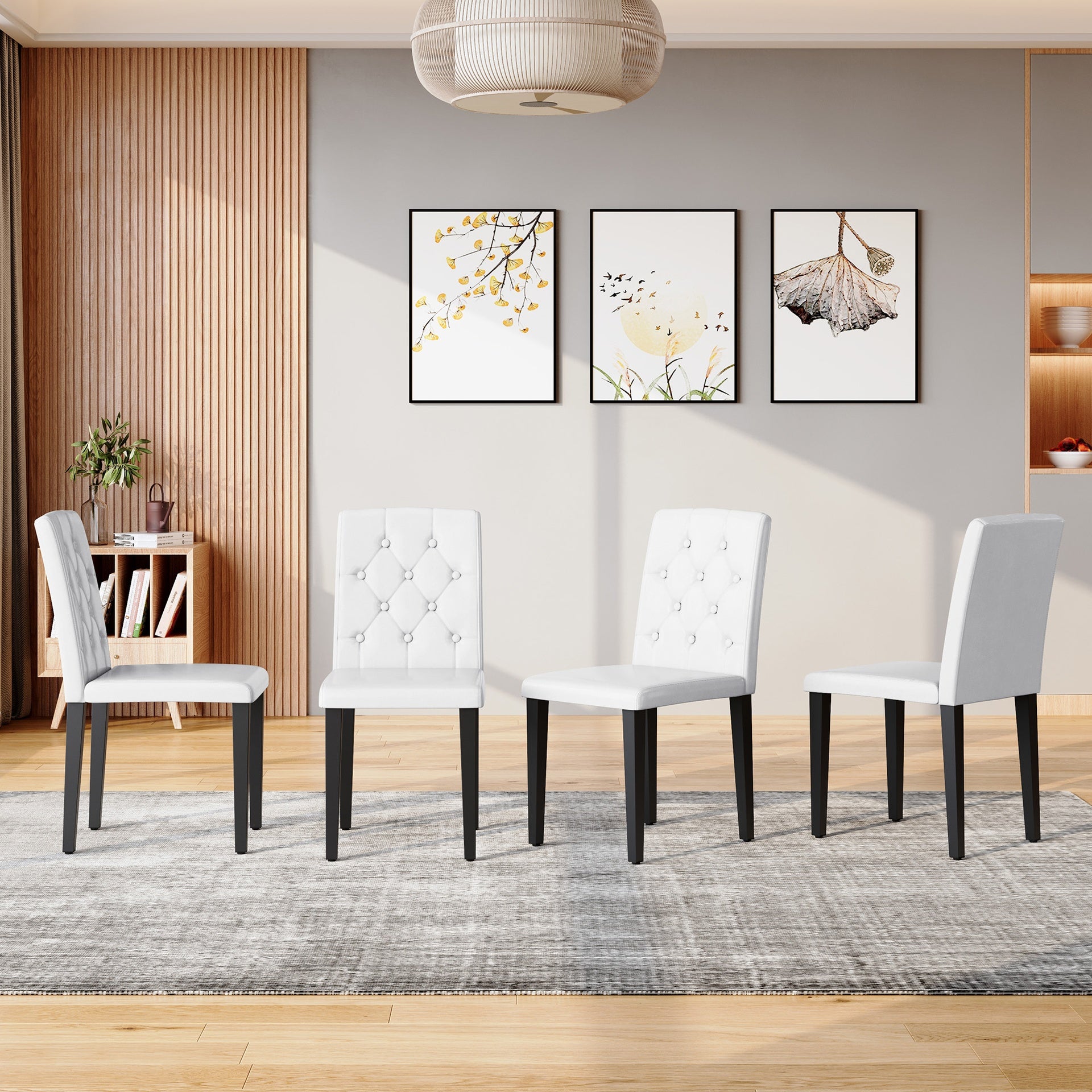 4-pack white PU dining chairs: ergonomic buckle backrest, 35 inches high, black metal legs,Combines Comfort and Texture.Perfectly suitable for family dining rooms, hotel banquet halls,etc.