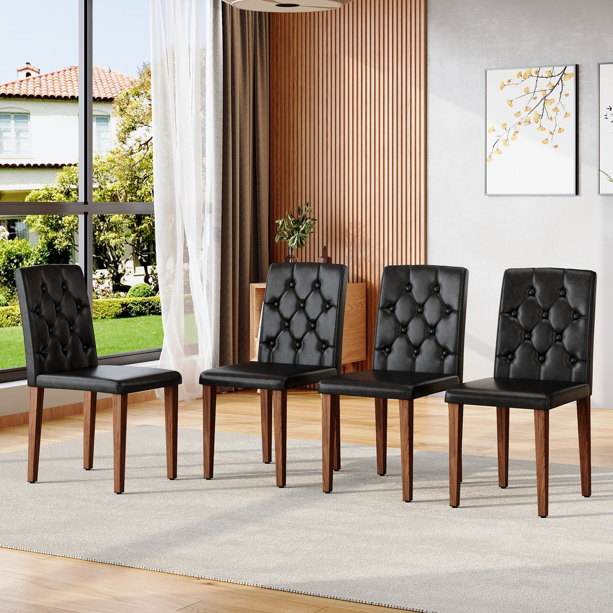 4-piece set of black PU dining chairs: ergonomically designed with a buckle backrest, 35 inches high, walnut metal legs, combining comfort and texture. Very suitable for family restaurants,hotel ,etc.