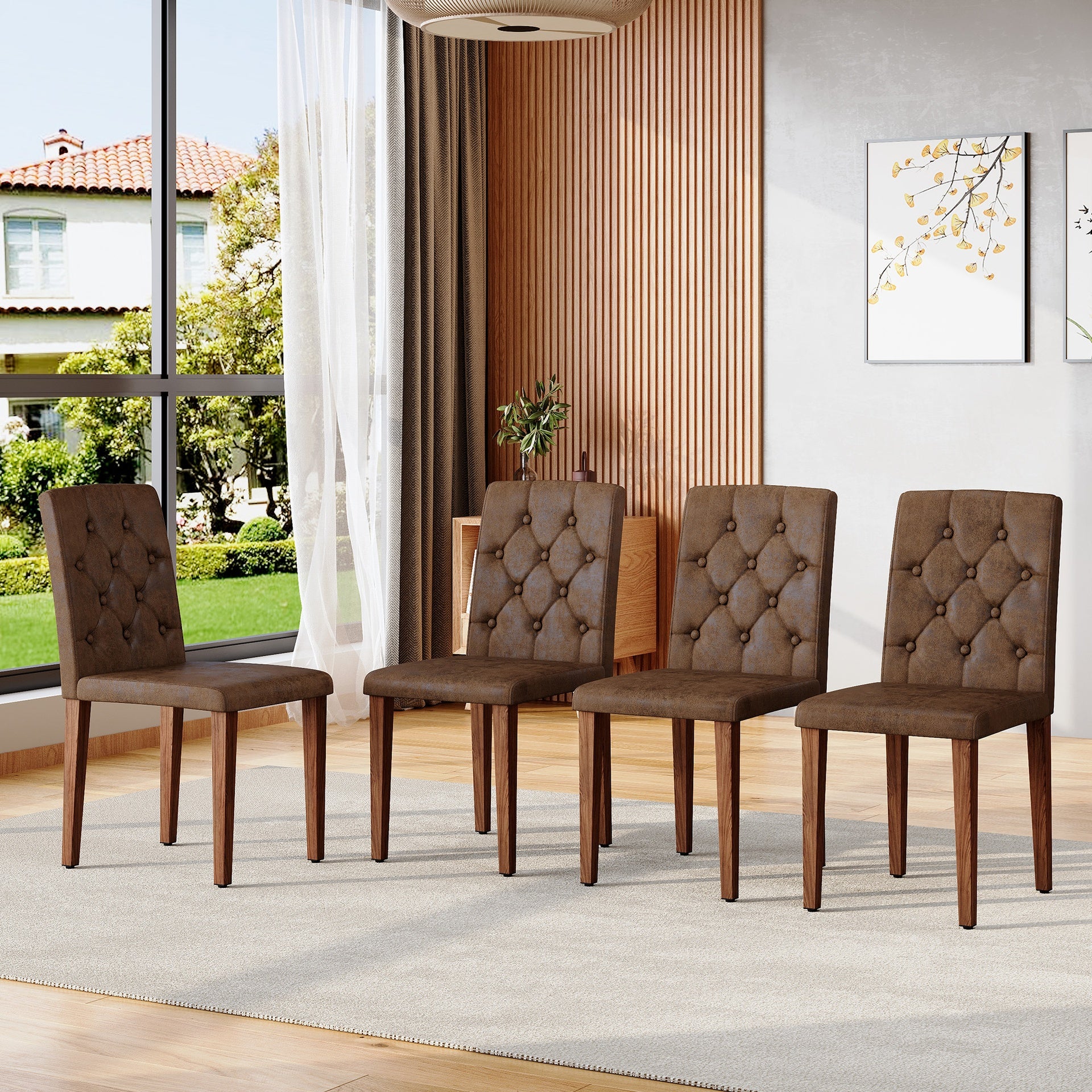 4-piece brown technology cloth dining chair: ergonomically designed with a buckle backrest,35 inches high, walnut metal legs, combining comfort and texture.Suitable for restaurants,banquet halls,etc.
