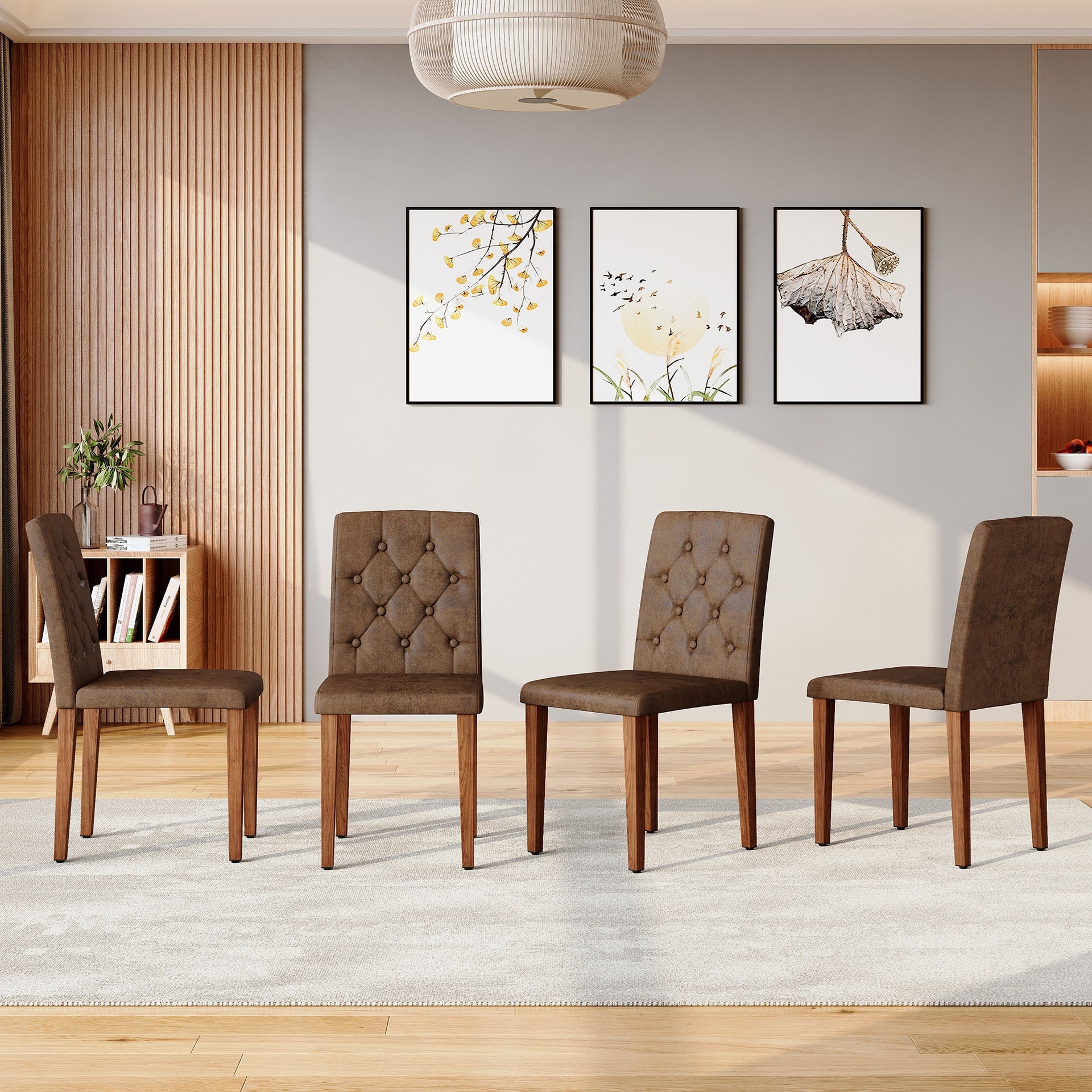 4-piece brown technology cloth dining chair: ergonomically designed with a buckle backrest,35 inches high, walnut metal legs, combining comfort and texture.Suitable for restaurants,banquet halls,etc.