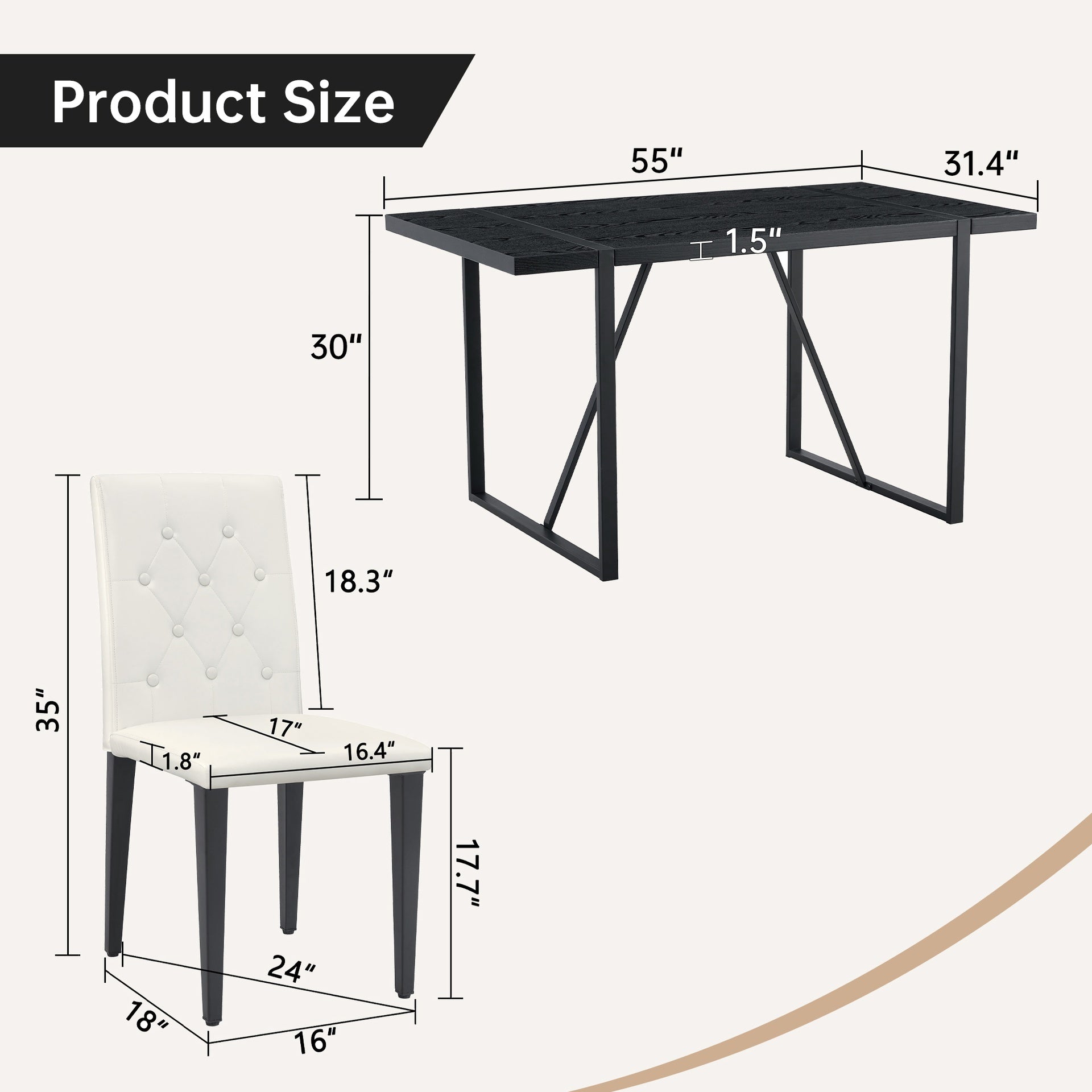 Black Faux Wood Grain MDF Dining Table Set.A minimalist retro rectangular dining table with a black textured top.4-pack white PU dining chairs: ergonomic buckle backrest.Exudes A Sense Of Fashion.