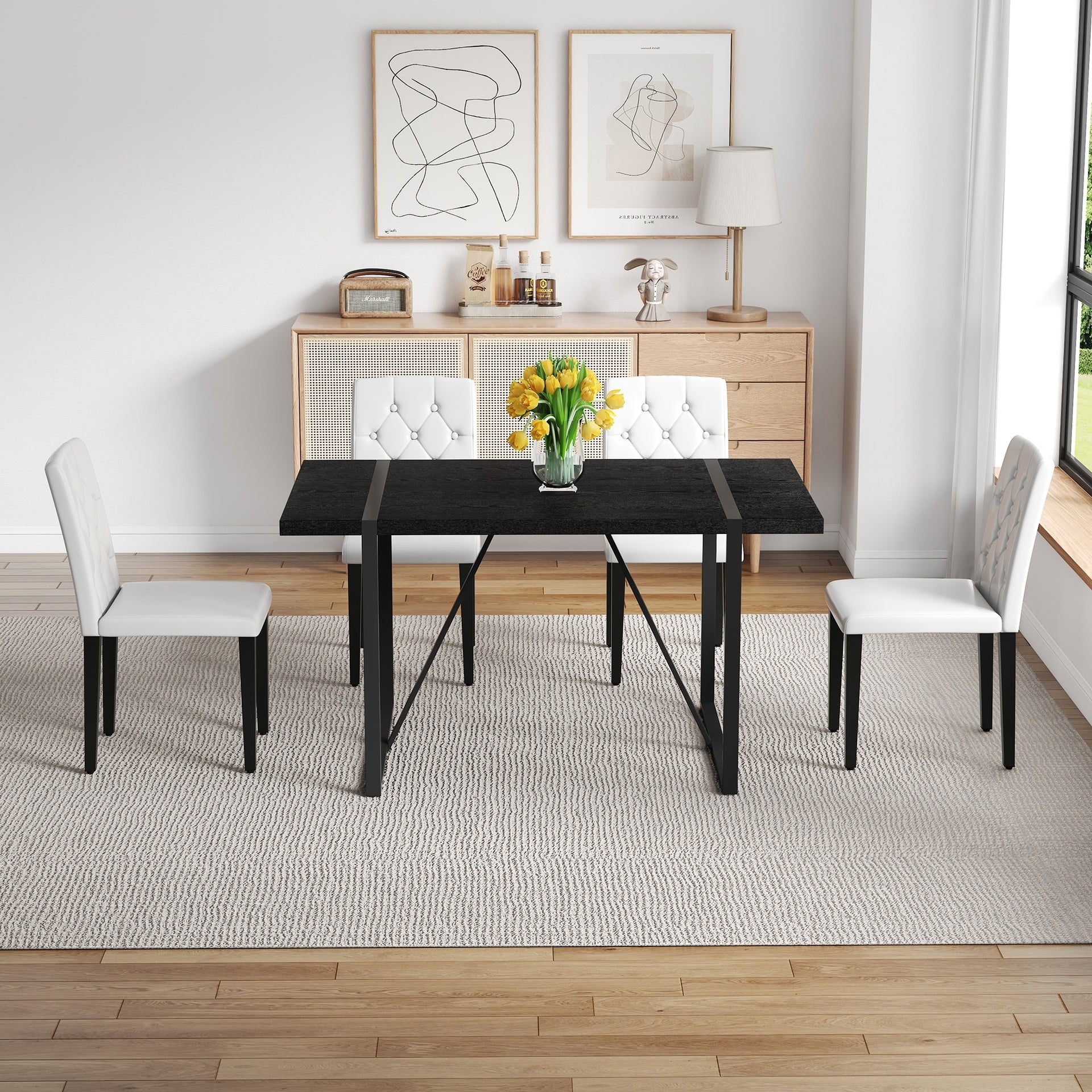 Black Faux Wood Grain MDF Dining Table Set.A minimalist retro rectangular dining table with a black textured top.4-pack white PU dining chairs: ergonomic buckle backrest.Exudes A Sense Of Fashion.