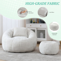 UNITED WE WIN Modern Bean Bag Chairs, Comfy Round Chair for Adults with Ottoman, Leisure Single Sofa Reading Chair with Pillow for Living Room, Bedroom, Apartment