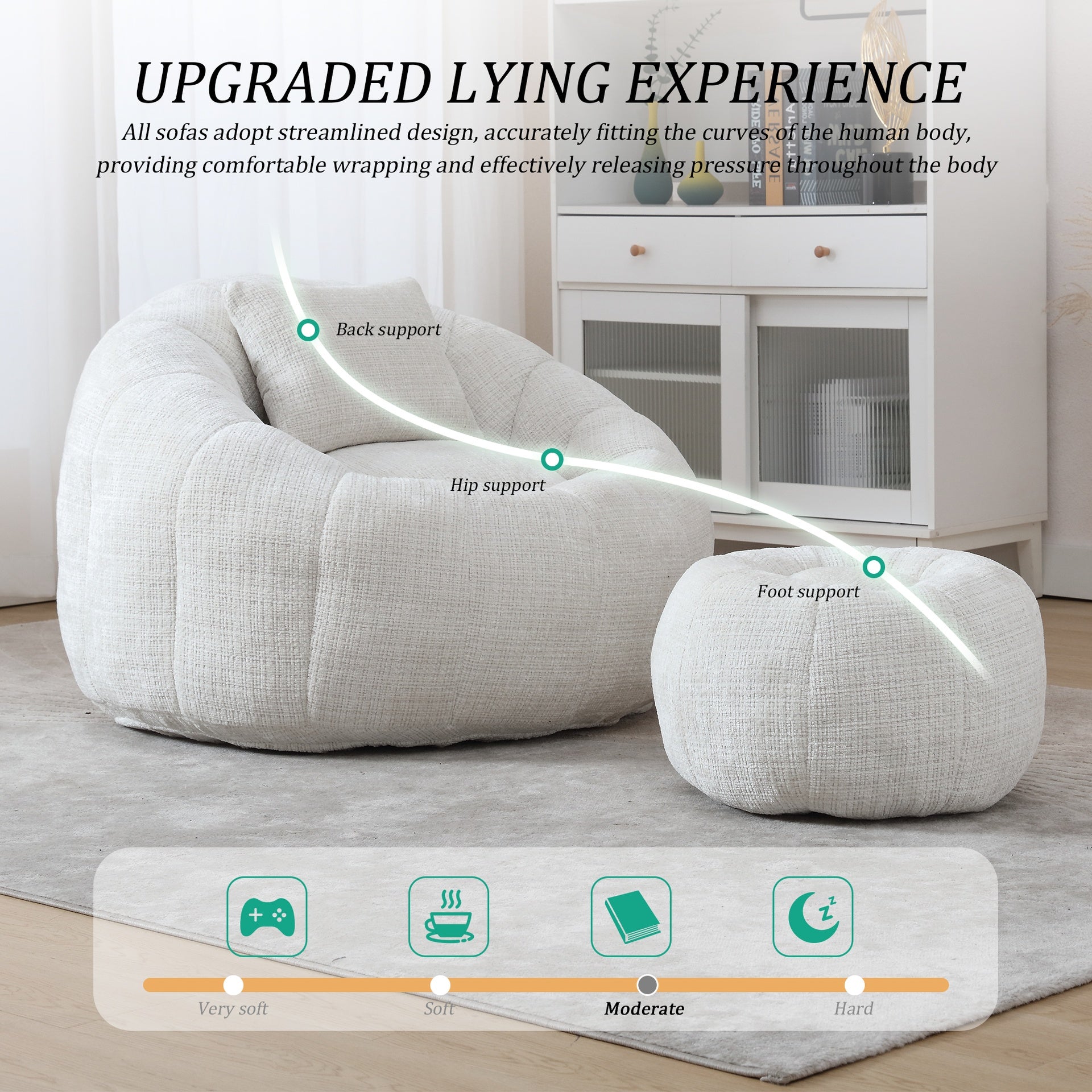 UNITED WE WIN Modern Bean Bag Chairs, Comfy Round Chair for Adults with Ottoman, Leisure Single Sofa Reading Chair with Pillow for Living Room, Bedroom, Apartment