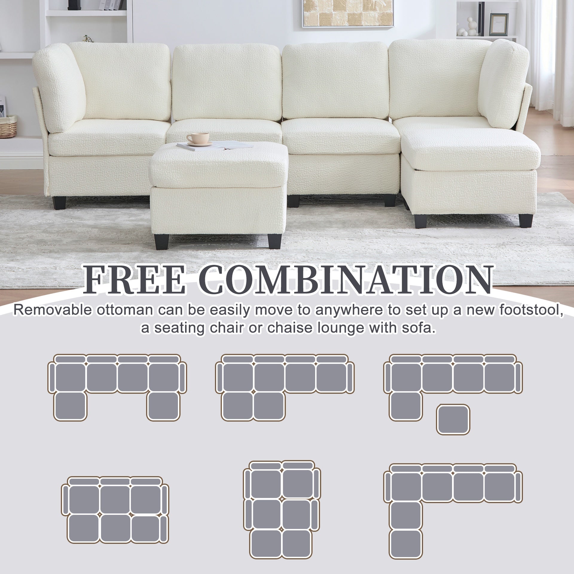UNITED WE WIN Modular Sectional Sofa: Freely Combinable 6-Seat Convertible Sectionals with Chaise, U Shaped Oversized Sectional Couches with Storage Ottoman for Home Apartment Office
