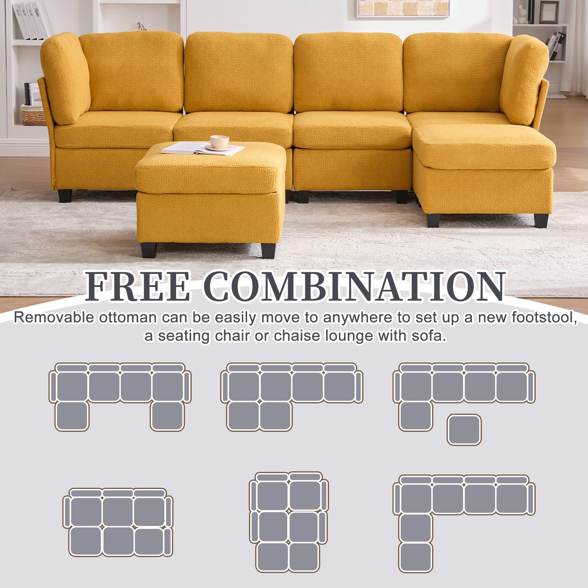 UNITED WE WIN Modular Sectional Sofa: Freely Combinable 6-Seat Convertible Sectionals with Chaise, U Shaped Oversized Sectional Couches with Storage Ottoman for Home Apartment Office