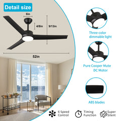 52 Inch black Ceiling Fan with light, Ceiling Fan with 3 Reversible Blades, 2 Downrods, 6-Speed Remote Control