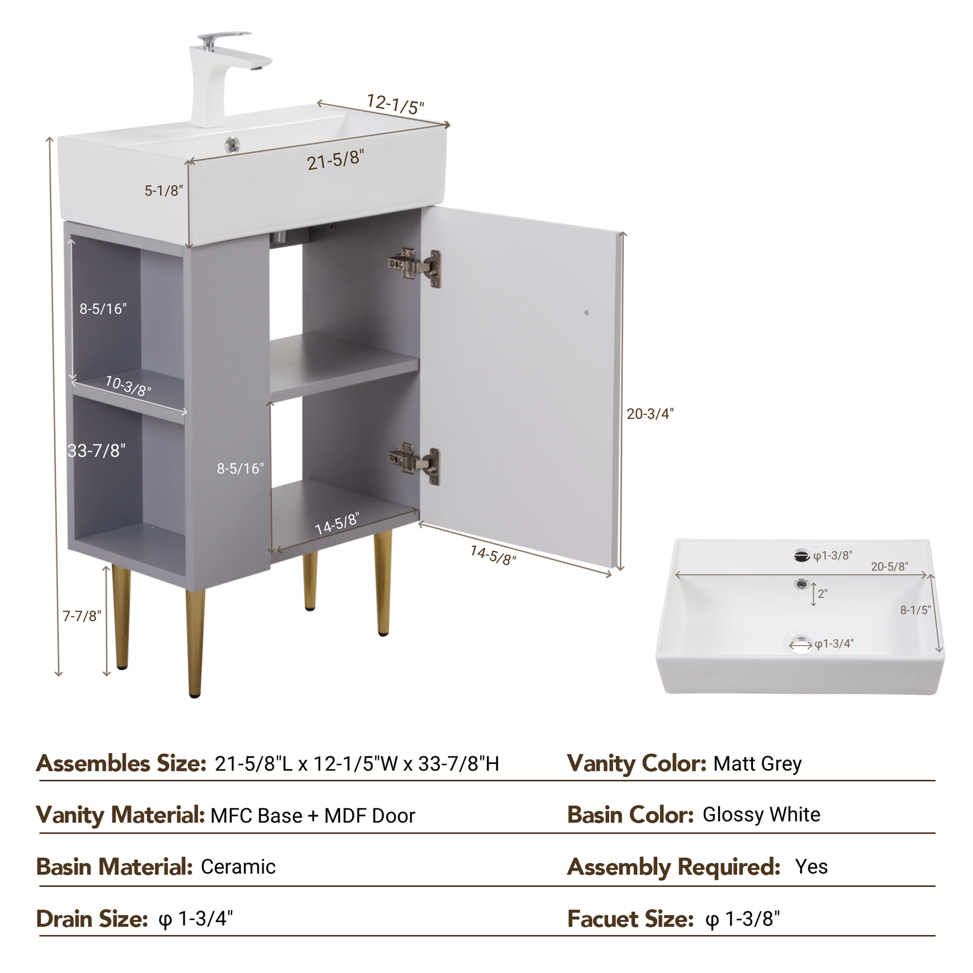 21.6" Open-Shelving Vanity with Ceramic Sink and Soft-Close Door, Cloakroom Storage Cabinet on Left Side, Assembly Required, Grey Finish. 24VB06-21MGL CONTACT SELLER FOR STOCK-W1920S00187