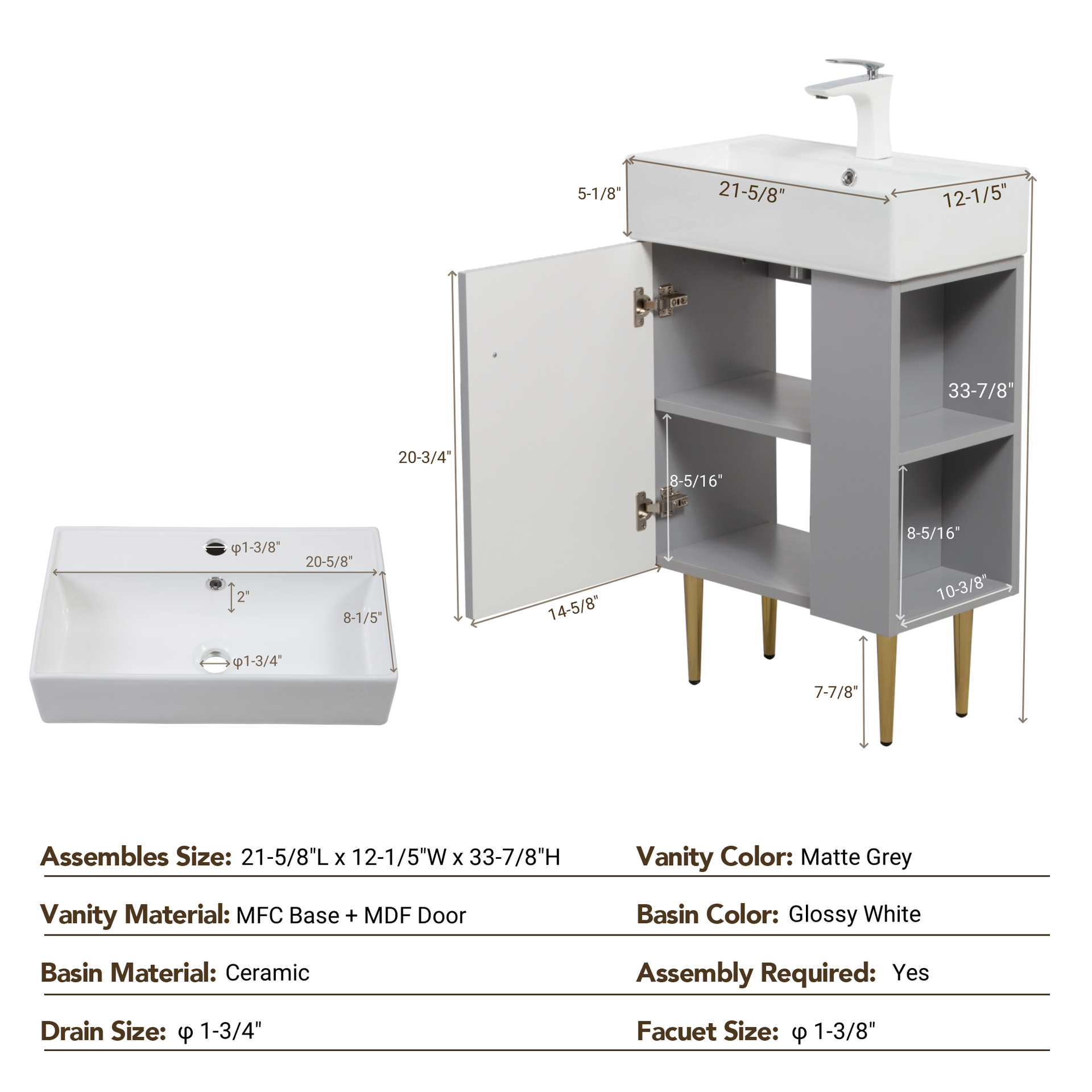 21.6" Open-Shelving Vanity with Ceramic Sink and Soft-Close Door, Cloakroom Storage Cabinet on Right Side, Assembly Required, Grey Finish. 24VB06-21MGR CONTACT SELLER FOR STOCK-W1920S00186