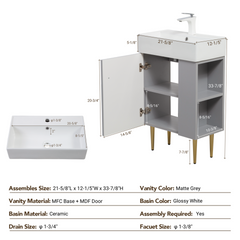 21.6" Open-Shelving Vanity with Ceramic Sink and Soft-Close Door, Cloakroom Storage Cabinet on Right Side, Assembly Required, Grey Finish. 24VB06-21MGR CONTACT SELLER FOR STOCK-W1920S00186