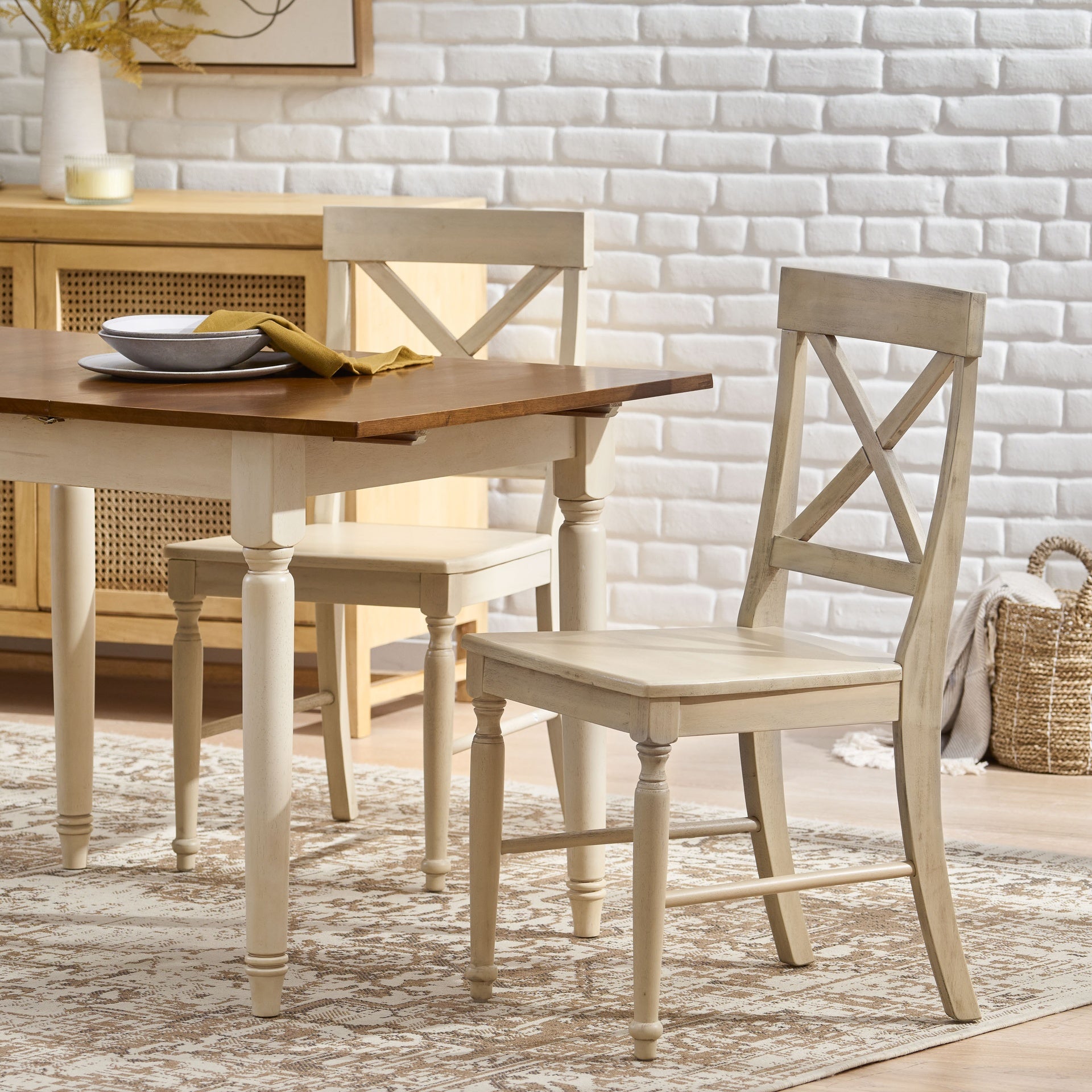 Acacia Wood Dining Chairs, 2-Pcs Set, Antique White