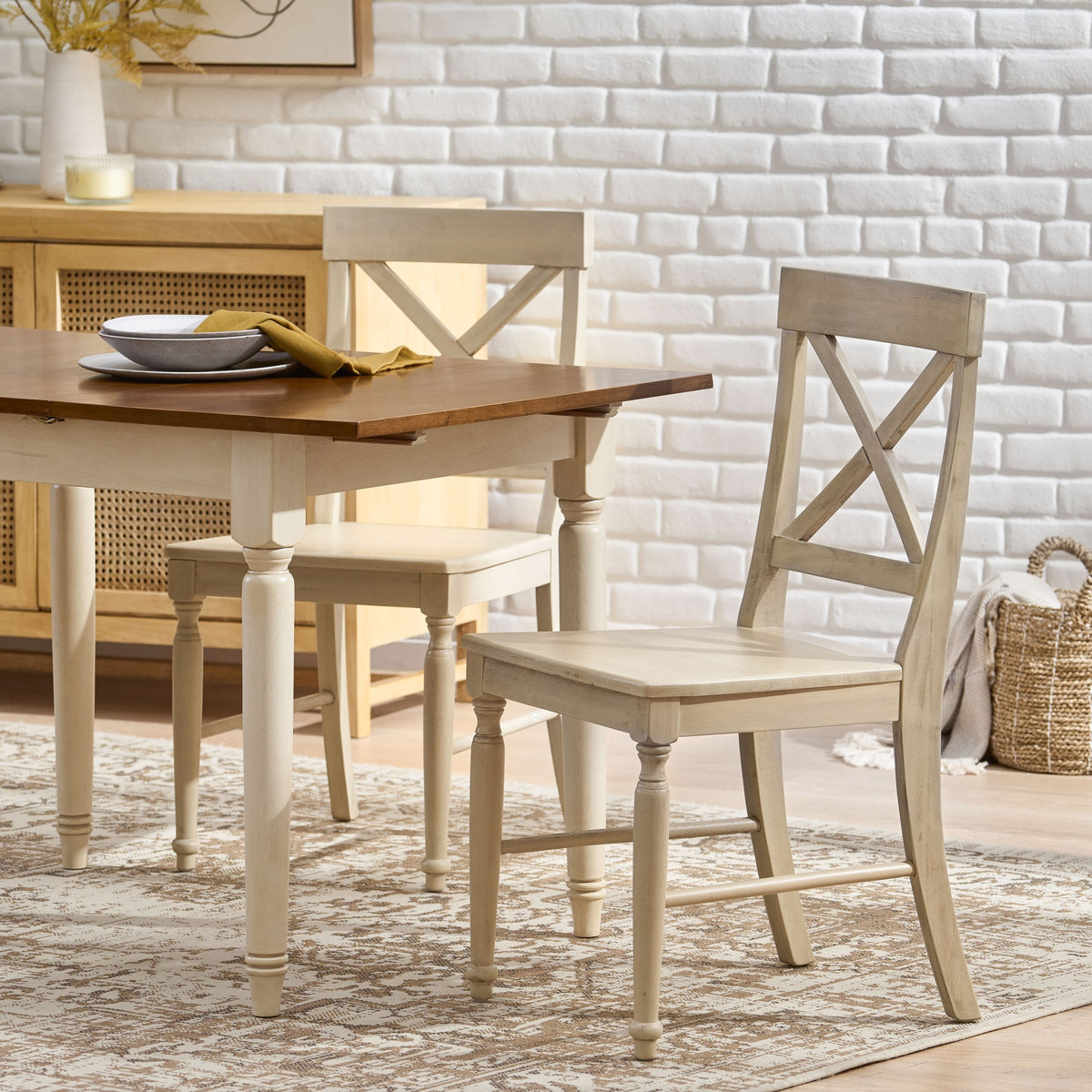 Acacia Wood Dining Chairs, 2-Pcs Set, Antique White