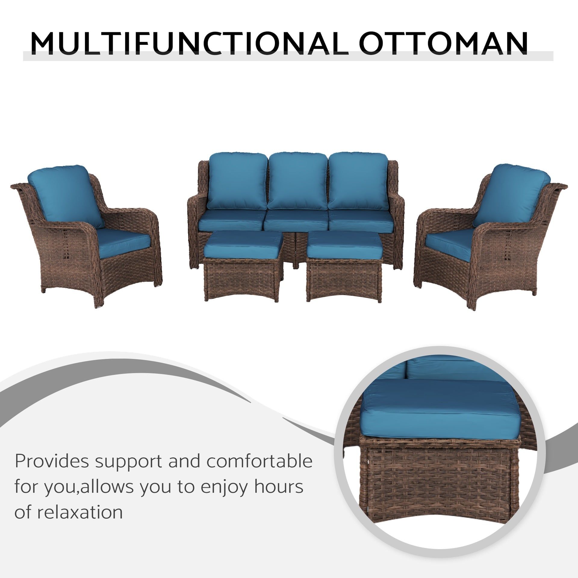 Patio Furniture Set Rattan Outdoor Sectional Conversation Sets 3-Seat Outdoor Couch,2 Single Chair and 2 Ottoman for Lawn, Balcony, Garden, Backyard (Bron-Peacock Blue, Set of 5)