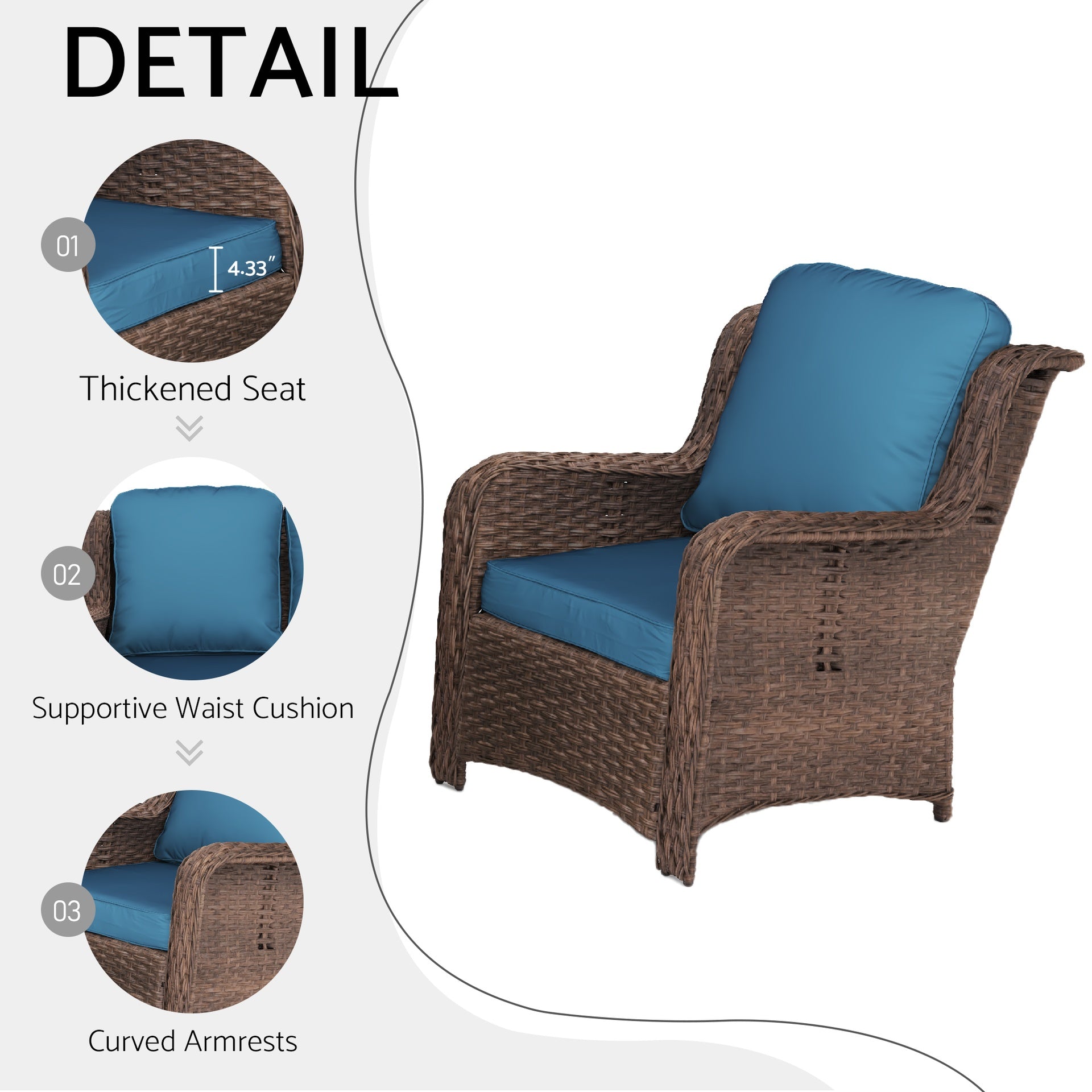 Patio Furniture Set Rattan Outdoor Sectional Conversation Sets 3-Seat Outdoor Couch,2 Single Chair and 2 Ottoman for Lawn, Balcony, Garden, Backyard (Bron-Peacock Blue, Set of 5)