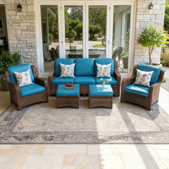 Patio Furniture Set Rattan Outdoor Sectional Conversation Sets 3-Seat Outdoor Couch,2 Single Chair and 2 Ottoman for Lawn, Balcony, Garden, Backyard (Bron-Peacock Blue, Set of 5)