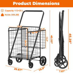 Extra Large Shopping Cart,Grocery Cart on Wheels, Foldable Utility Shopping Carts with Double Basket and 360° Rolling Swivel Wheels for Groceries Laundry