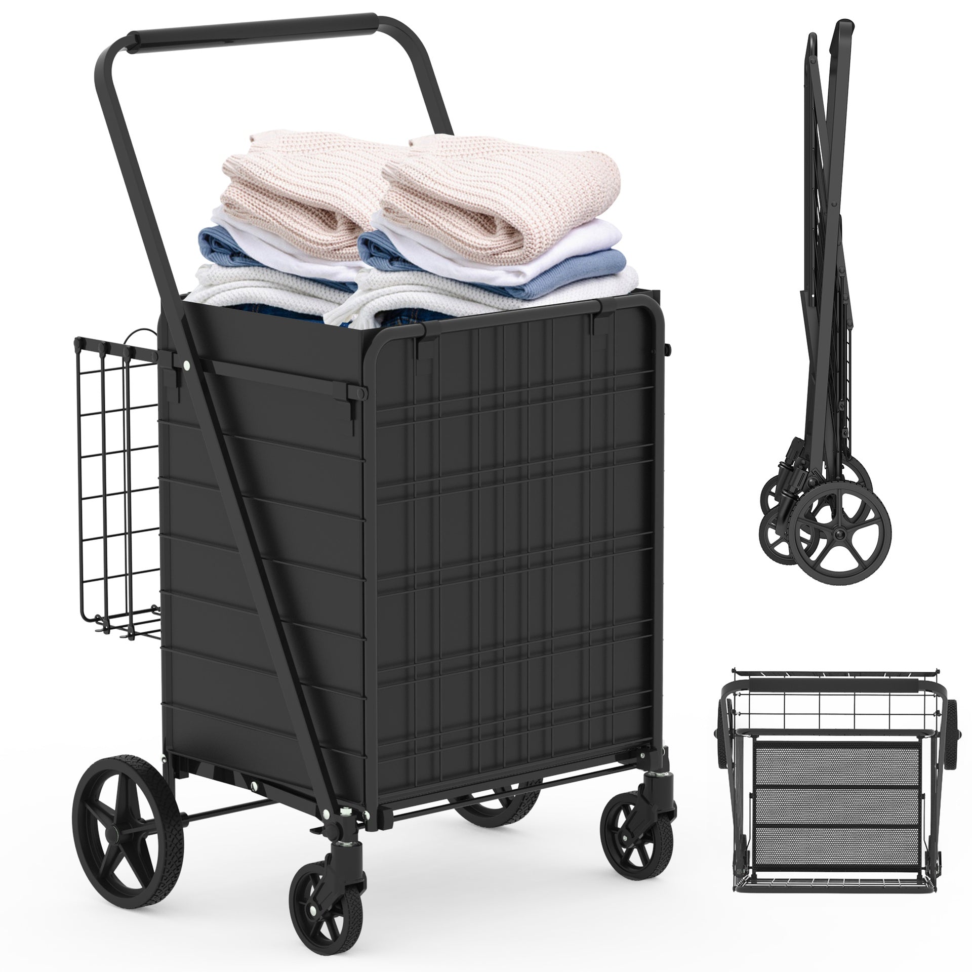 Extra Large Shopping Cart,Grocery Cart on Wheels, Foldable Utility Shopping Carts with Double Basket and 360° Rolling Swivel Wheels for Groceries Laundry
