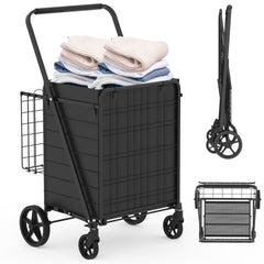 Extra Large Shopping Cart,Grocery Cart on Wheels, Foldable Utility Shopping Carts with Double Basket and 360° Rolling Swivel Wheels for Groceries Laundry