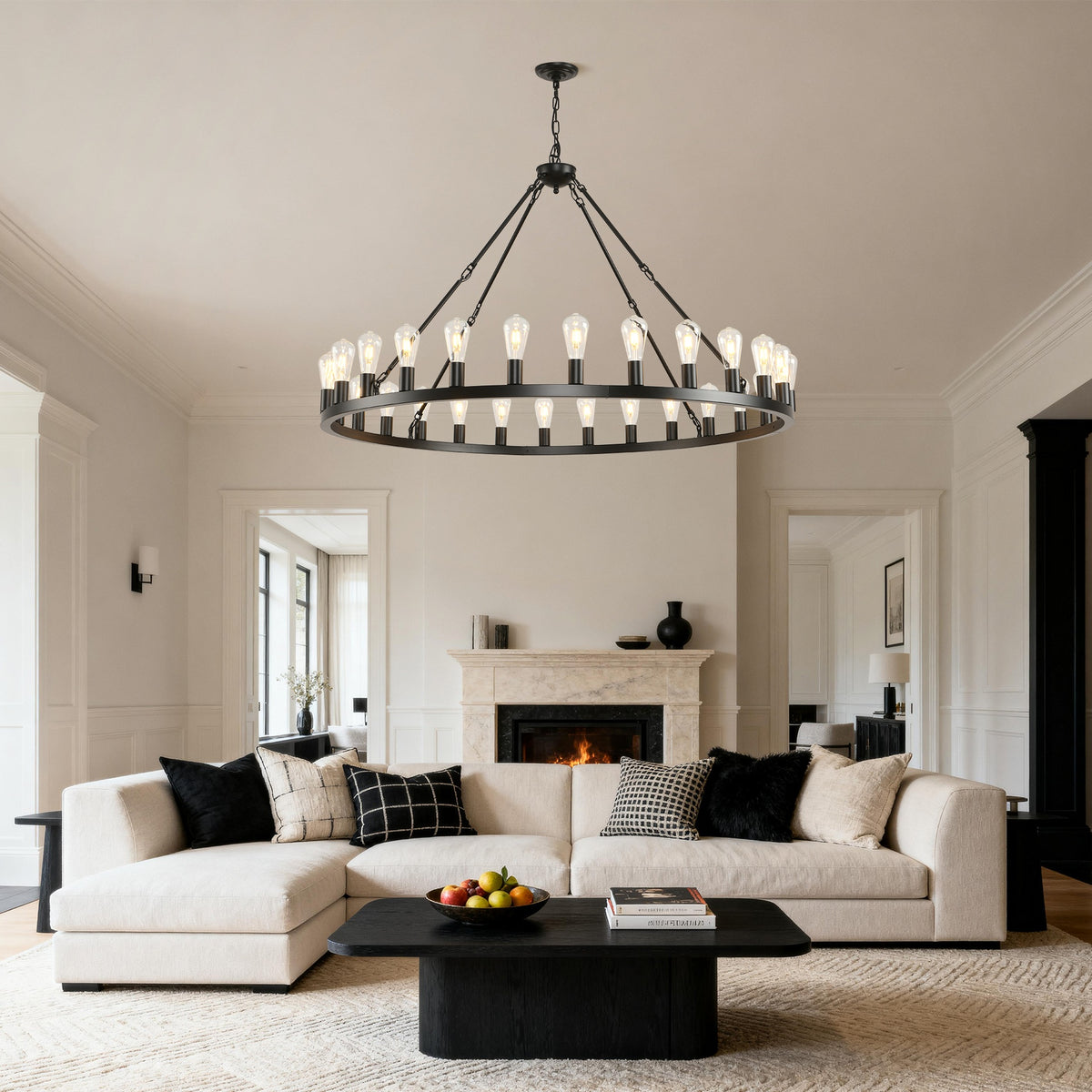 53.15 Inch Black Extra Large Wagon Wheel Chandelier, 28-Lights Farmhouse Industrial Round High Ceiling Pendant Light Adjustable Chain, for Dining Room, Living Room-E26