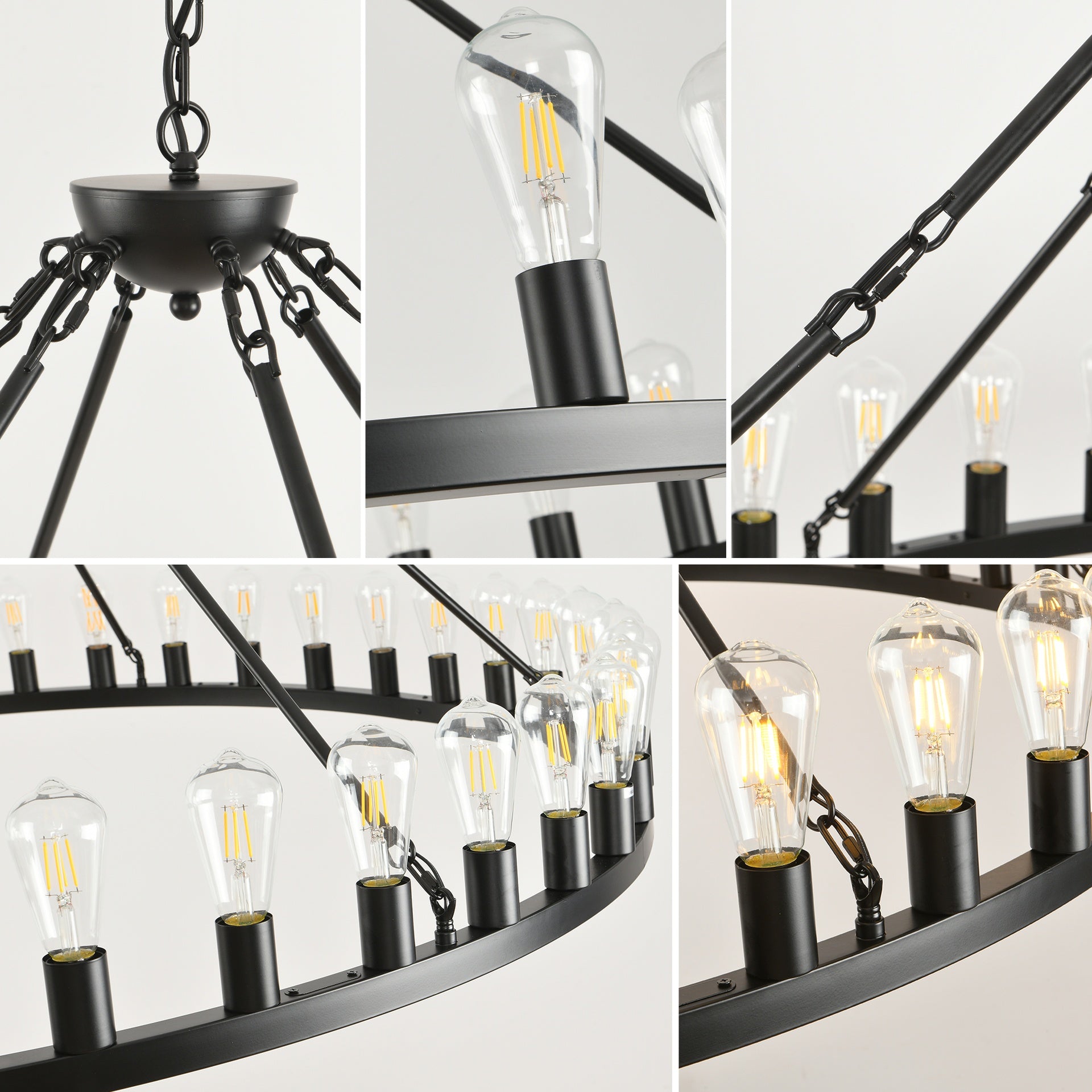53.15 Inch Black Extra Large Wagon Wheel Chandelier, 28-Lights Farmhouse Industrial Round High Ceiling Pendant Light Adjustable Chain, for Dining Room, Living Room-E26