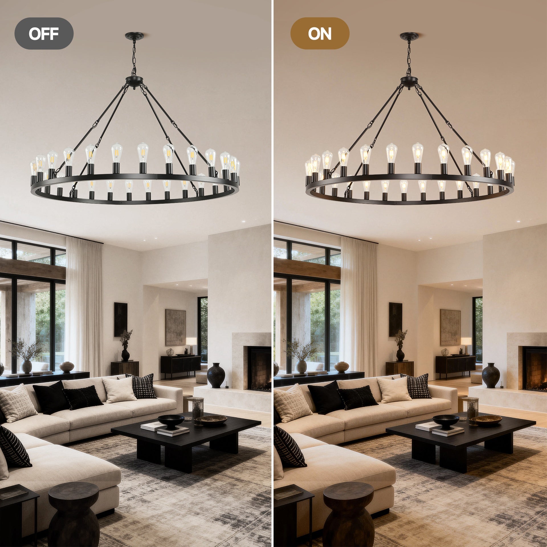 53.15 Inch Black Extra Large Wagon Wheel Chandelier, 28-Lights Farmhouse Industrial Round High Ceiling Pendant Light Adjustable Chain, for Dining Room, Living Room-E26