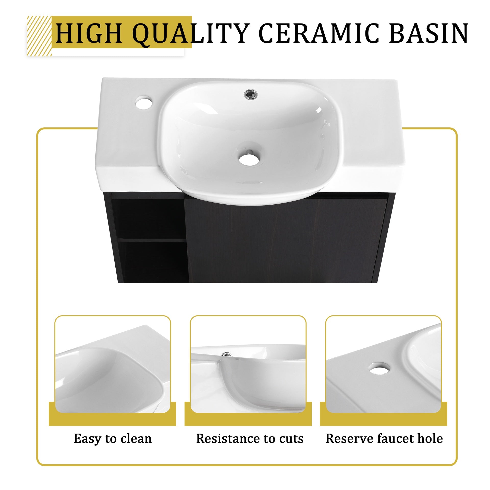 26'' Wall-Mounted Bathroom Vanity with White Ceramic Sink & Soft-Close Door, Dark Oak, Plywood, KD-Packing