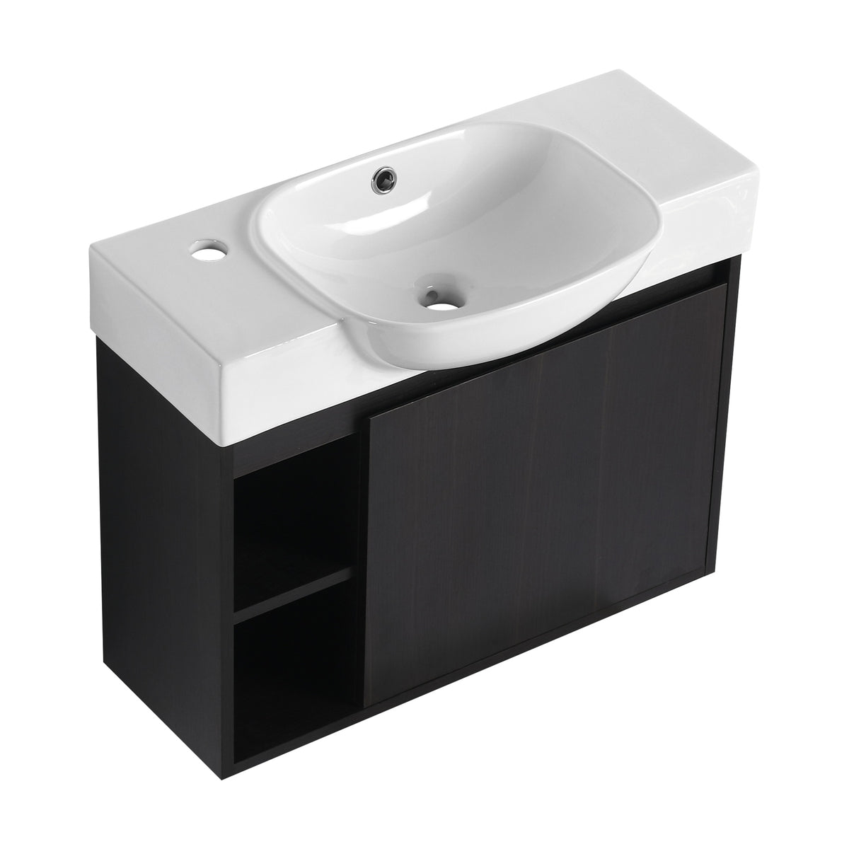 26'' Wall-Mounted Bathroom Vanity with White Ceramic Sink & Soft-Close Door, Dark Oak, Plywood, KD-Packing