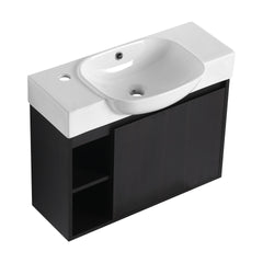 26'' Wall-Mounted Bathroom Vanity with White Ceramic Sink & Soft-Close Door, Dark Oak, Plywood, KD-Packing