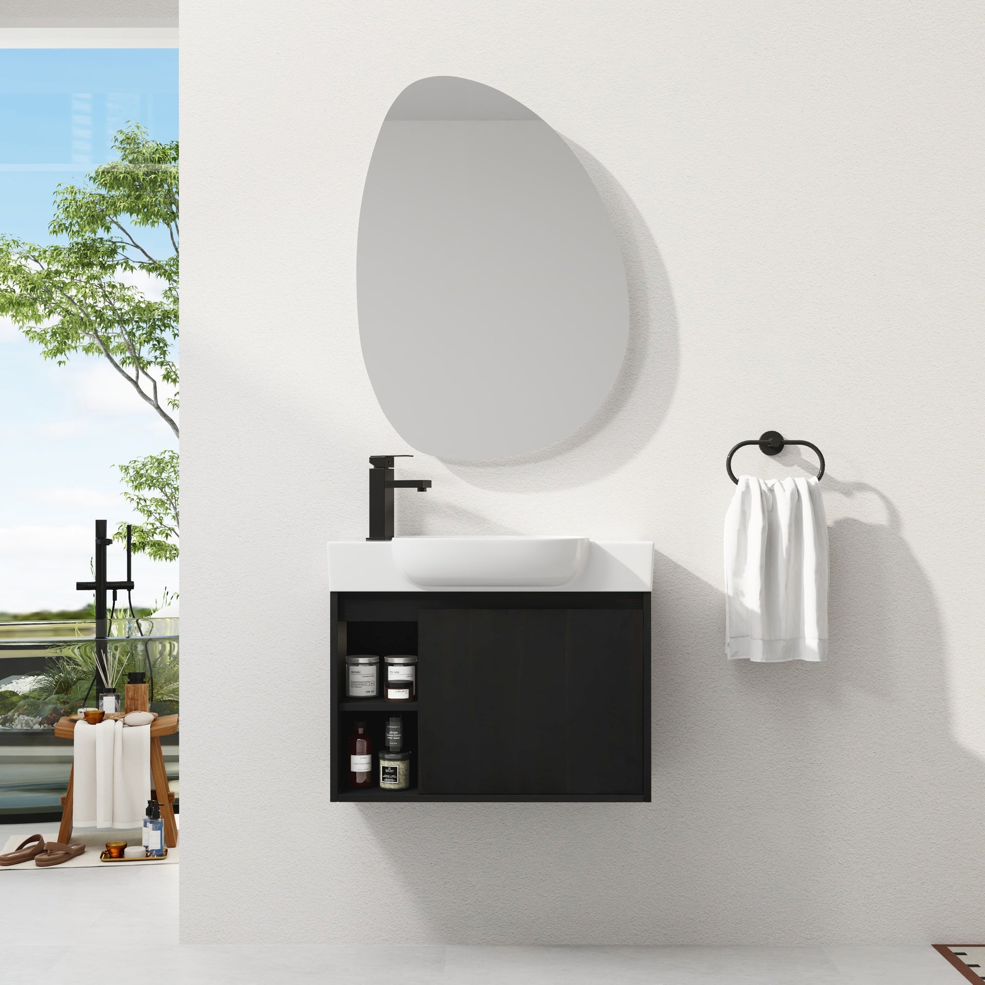 26'' Wall-Mounted Bathroom Vanity with White Ceramic Sink & Soft-Close Door, Dark Oak, Plywood, KD-Packing