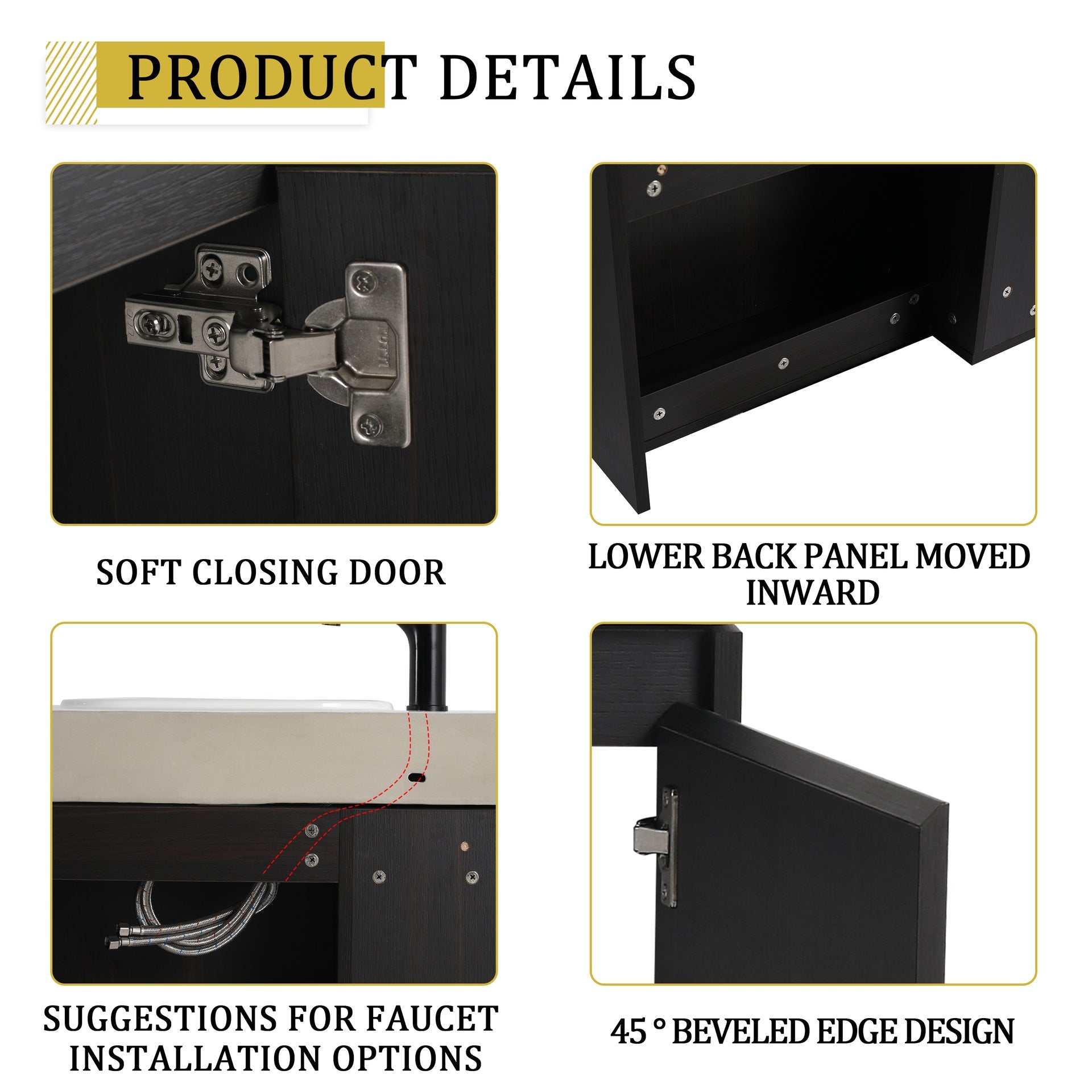 26'' Wall-Mounted Bathroom Vanity with White Ceramic Sink & Soft-Close Door, Dark Oak, Plywood, KD-Packing