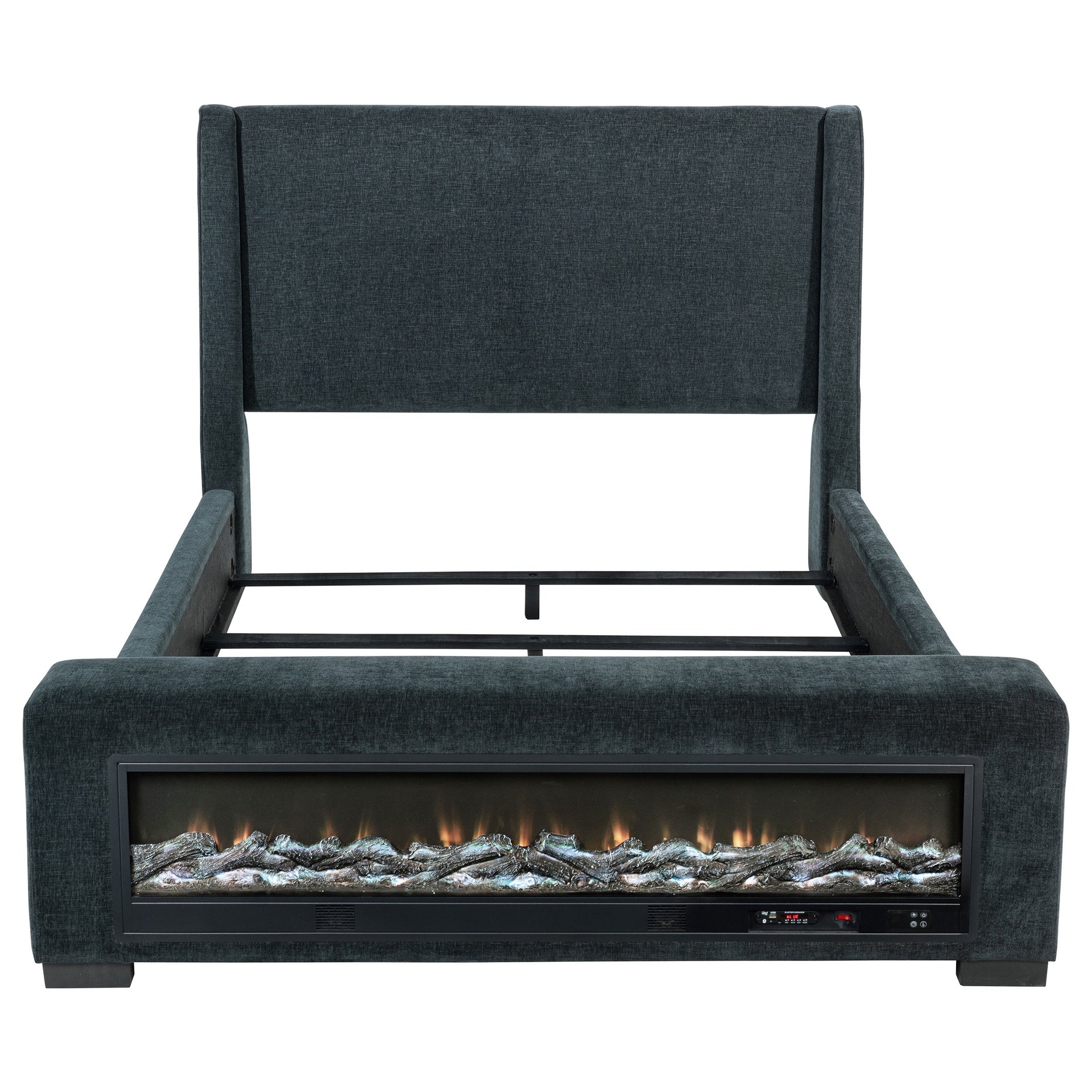 Sebastian Dark Blue  Upholstered Eastern King Audio Flame Visualizer Bed