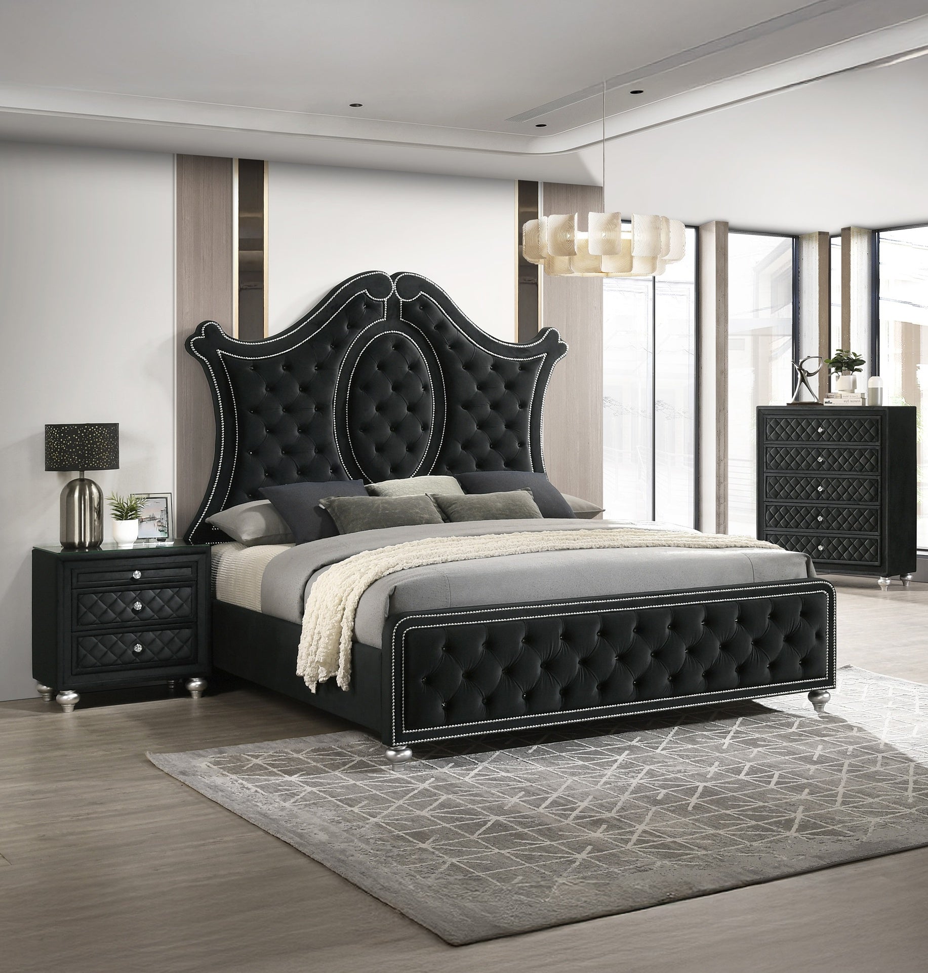 1pc Traditional Glam 5-Drawer Chest Velvet Tufted Drawer Front Faux Crystal Drawer Knobs Black