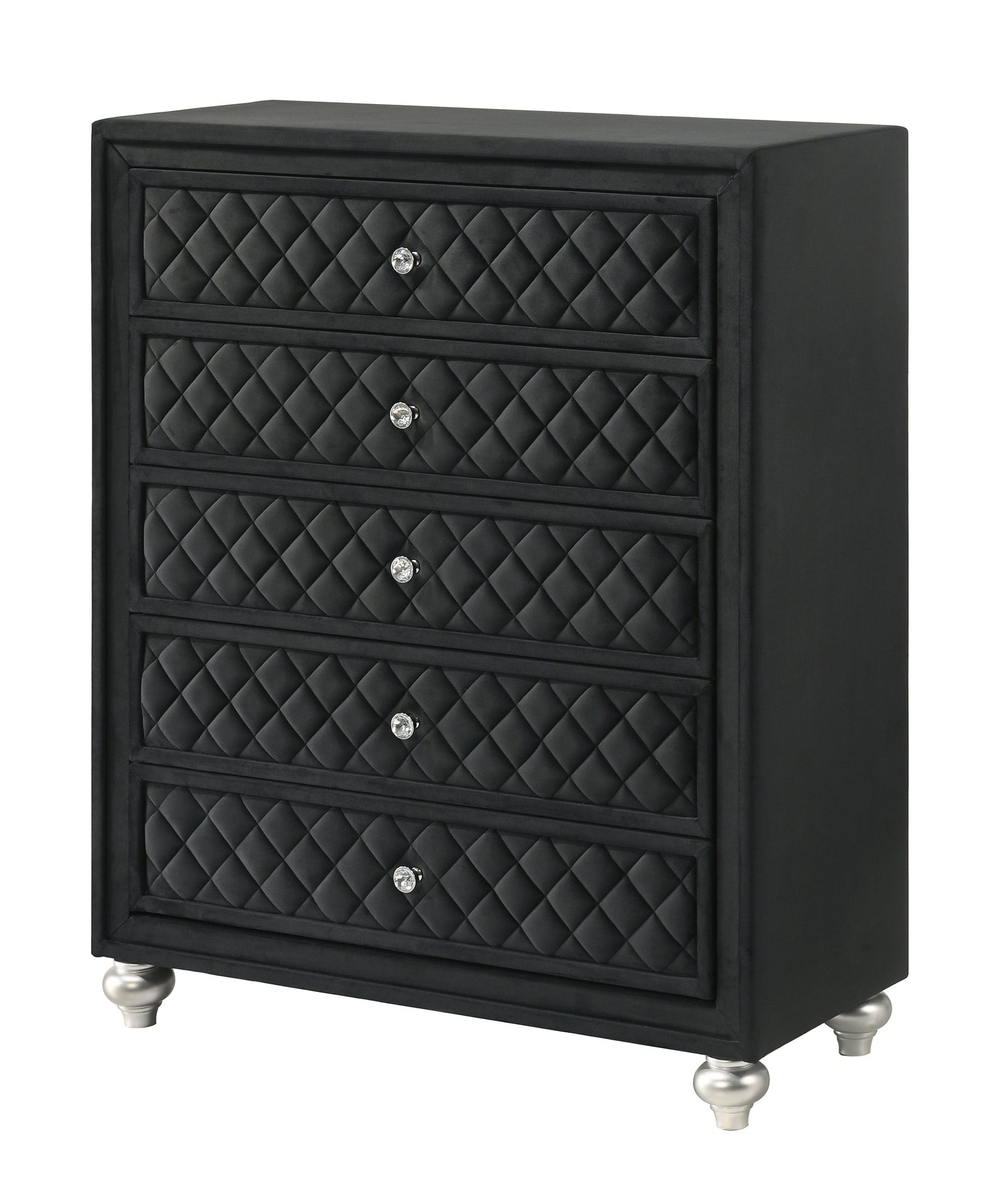 1pc Traditional Glam 5-Drawer Chest Velvet Tufted Drawer Front Faux Crystal Drawer Knobs Black