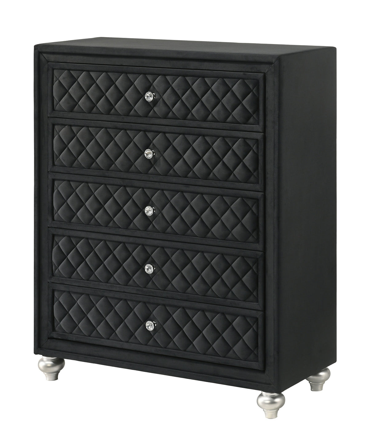 1pc Traditional Glam 5-Drawer Chest Velvet Tufted Drawer Front Faux Crystal Drawer Knobs Black