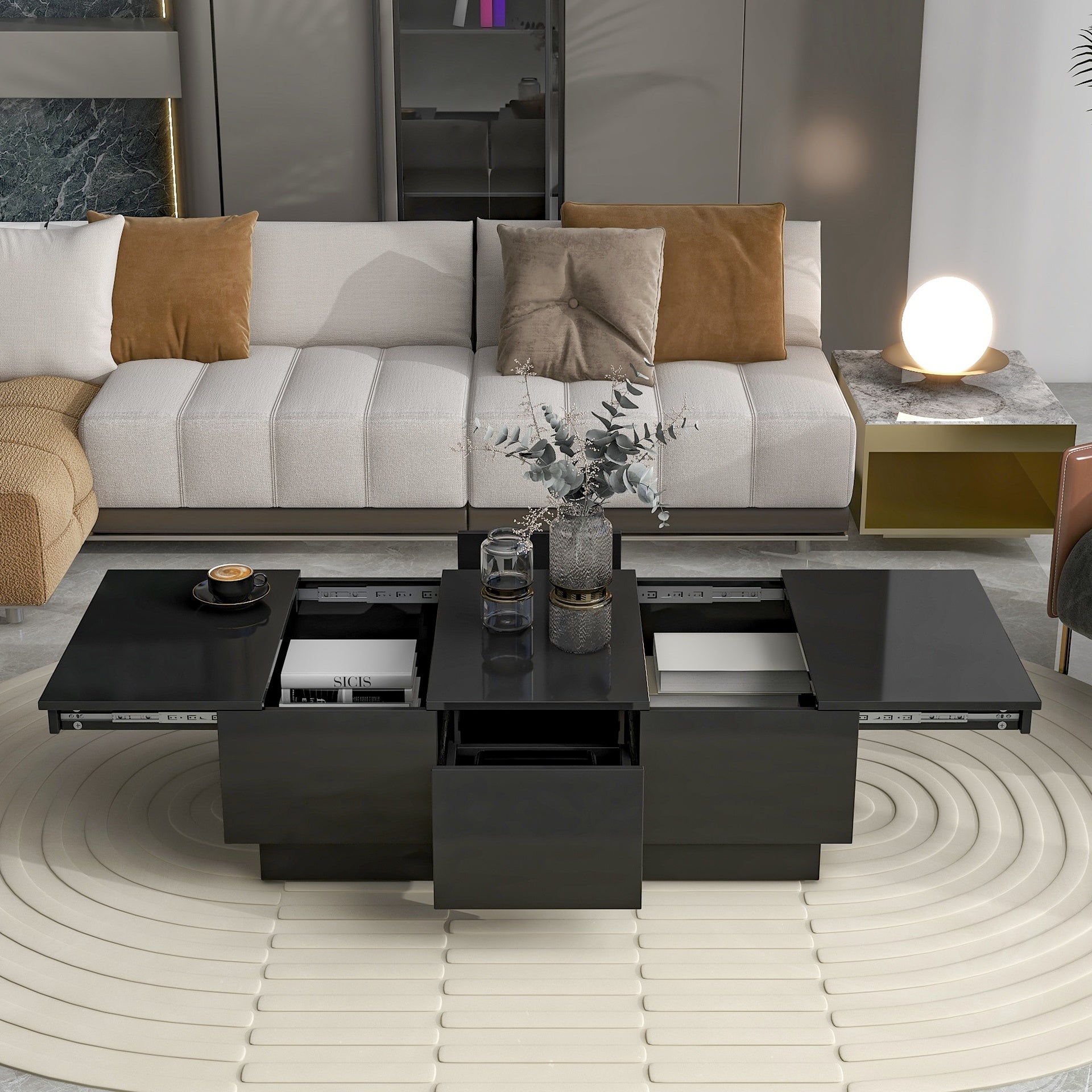 [VIDEO provided] ON-TREND Coffee Table with 2 large Hidden Storage Compartment, Extendable Cocktail Table with 2 Drawers, High-gloss Center Table with Sliding Top for Living Room, 39.3"x21.6", Black
