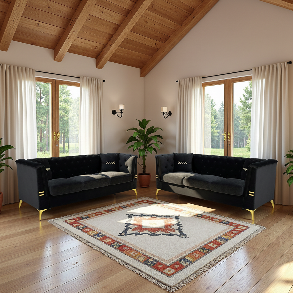 FX-P83-2PC SOFA -BK4  Black Velvet Sofa Set of 2, Two Modern 3-Seater Sofas with Plush Cushions & Gold-Tone Metal Legs  Stylish Living Room Couch Set for Homes, Apartments, and Guest Areas