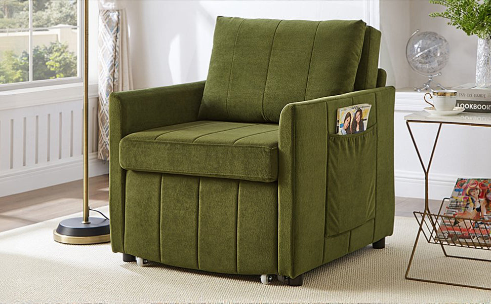 Upholstered Convertible Sleeper Sofa, 31.5" Pull Out Sofa Bed with 5-Position Adjustable Backrest, Side Pockets and a Storage Basket, Fold Out Chair Bed, Lounger For Living Room, Apartment, Green
